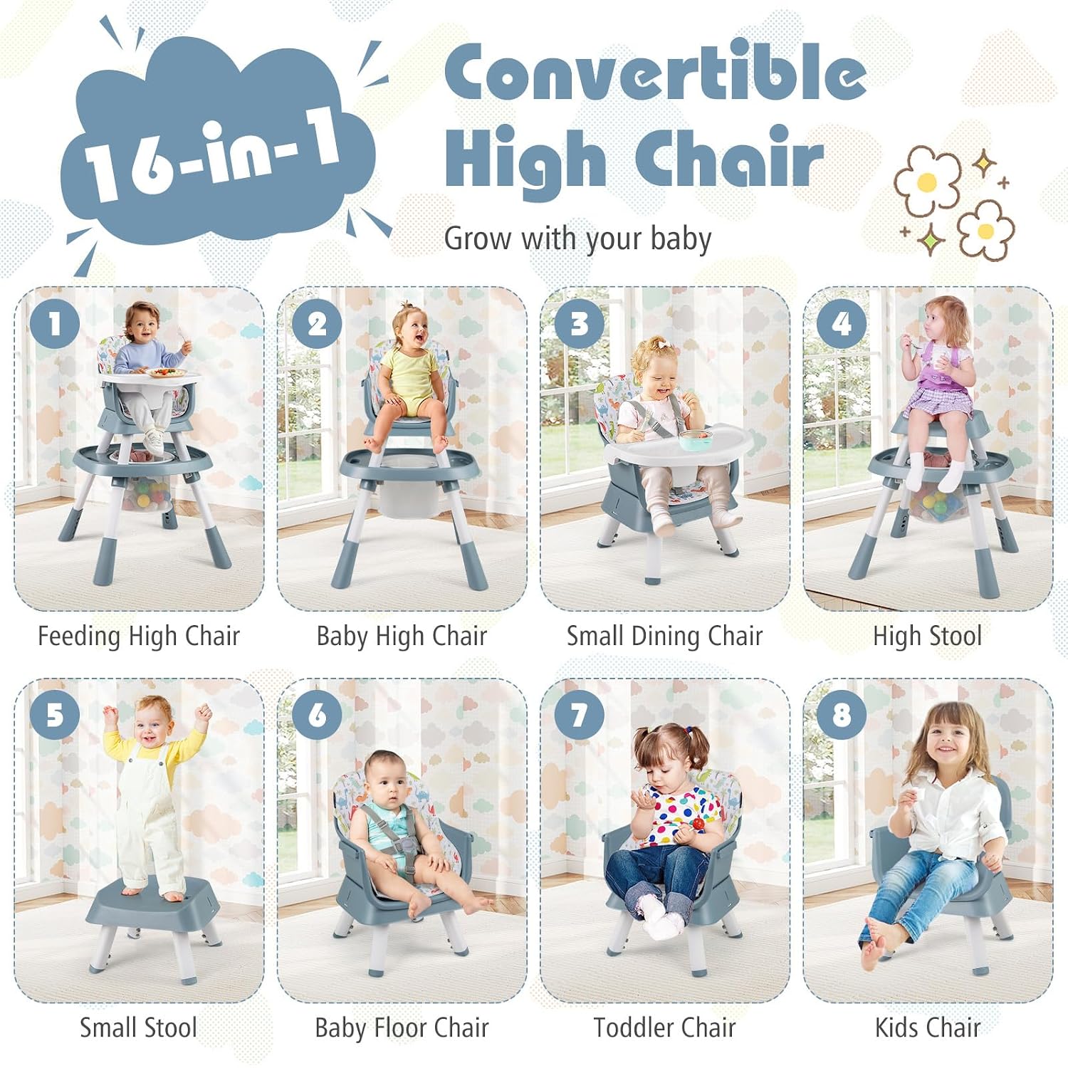 HONEY JOY 16-in-1 Baby High Chair, Convertible Highchair for Babies and Toddlers/Booster Seat/Activity Center with Toys, Building Block Table & Stool, Safety Harness, Removable Cushion & Tray (Blue)