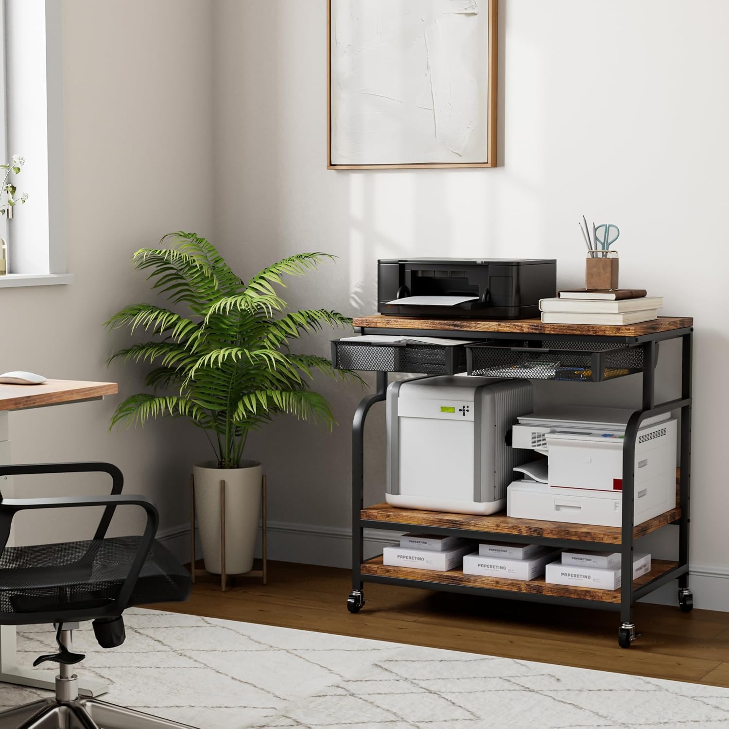 EasyCom 32.3'x18.9' Extra Large Printer Stand with Double Drawers, 5-Adjustable Heights 3 Tier Table with Wheels, Rolling Printer Cart with Storage for Printer Scanner Fax Home Office Use