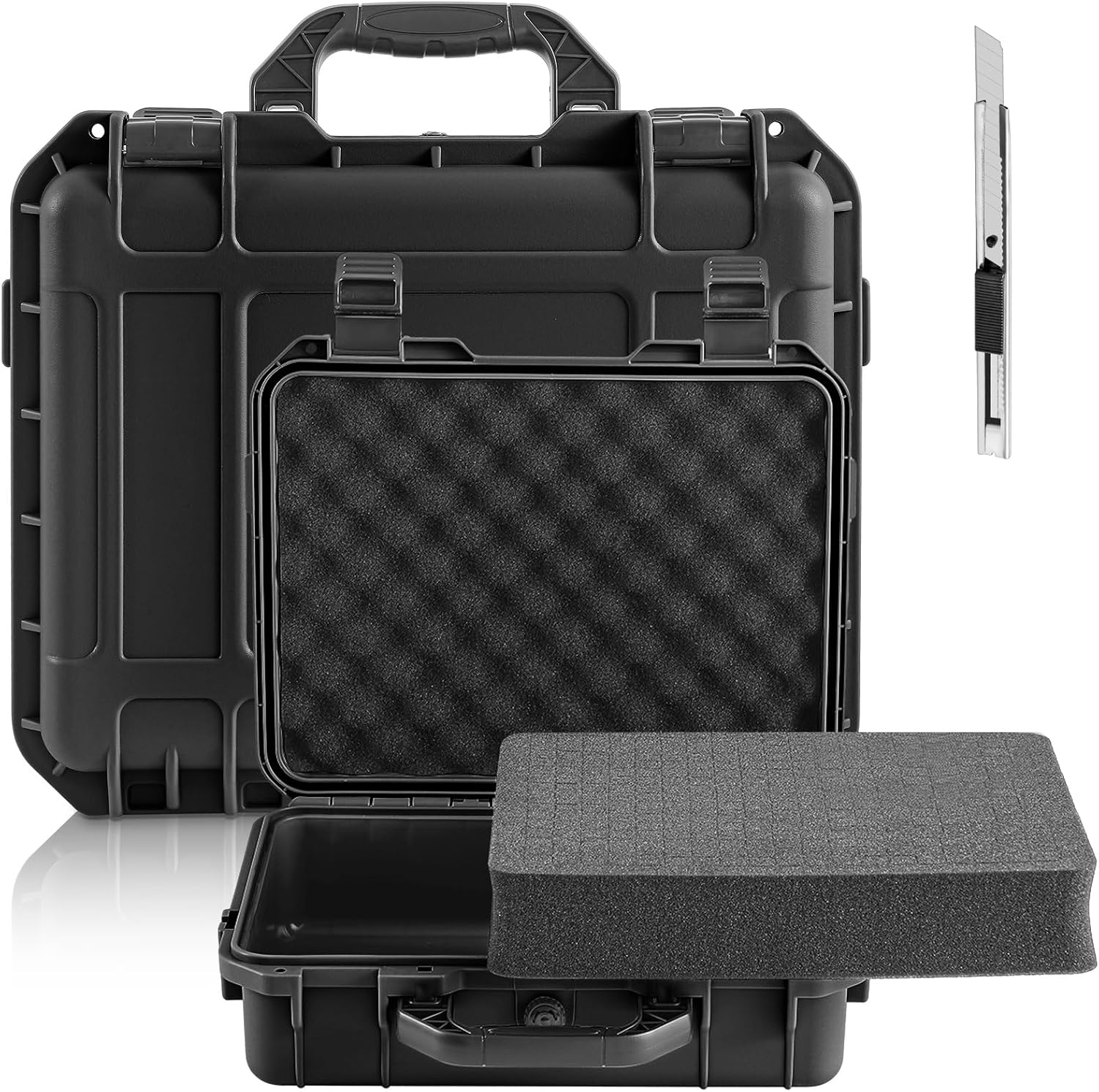 Relaxweex 1 Pcs Waterproof Hard Case with DIY Customizable Foam Insert Portable Protective Case with Knife for Camera Drones Equipments Tools Test Instruments(Black,20.5 x 15.8 x 8.5 Inch)
