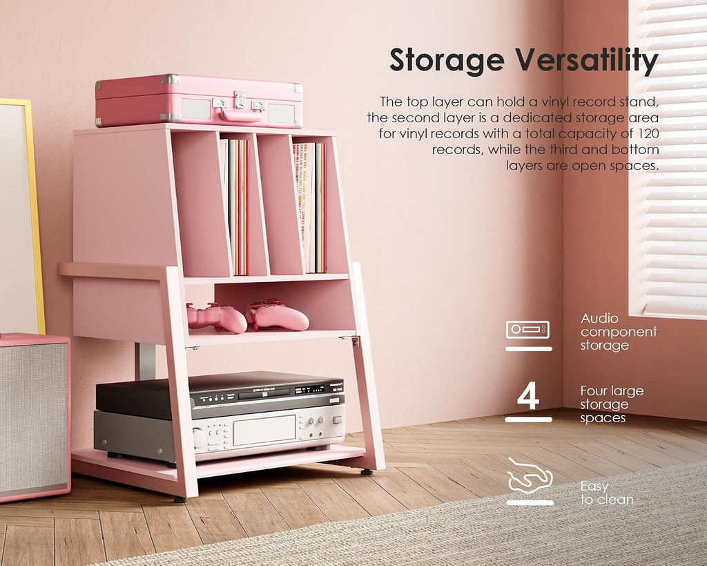 FITUEYES Design Record Player Stand with Vinyl Record Storage, Turntable Stand with Station up to 120 pcs, Small Entertainment Center for Living Room, Eiffel Series