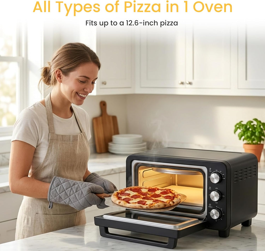 Simple Deluxe 1600W Indoor Electric Pizza Oven, 4 Cooking Modes for 12' Pizza, Fast Heating with Dual Independent Temp Control, Includes Pizza Stone & Spatula, Black