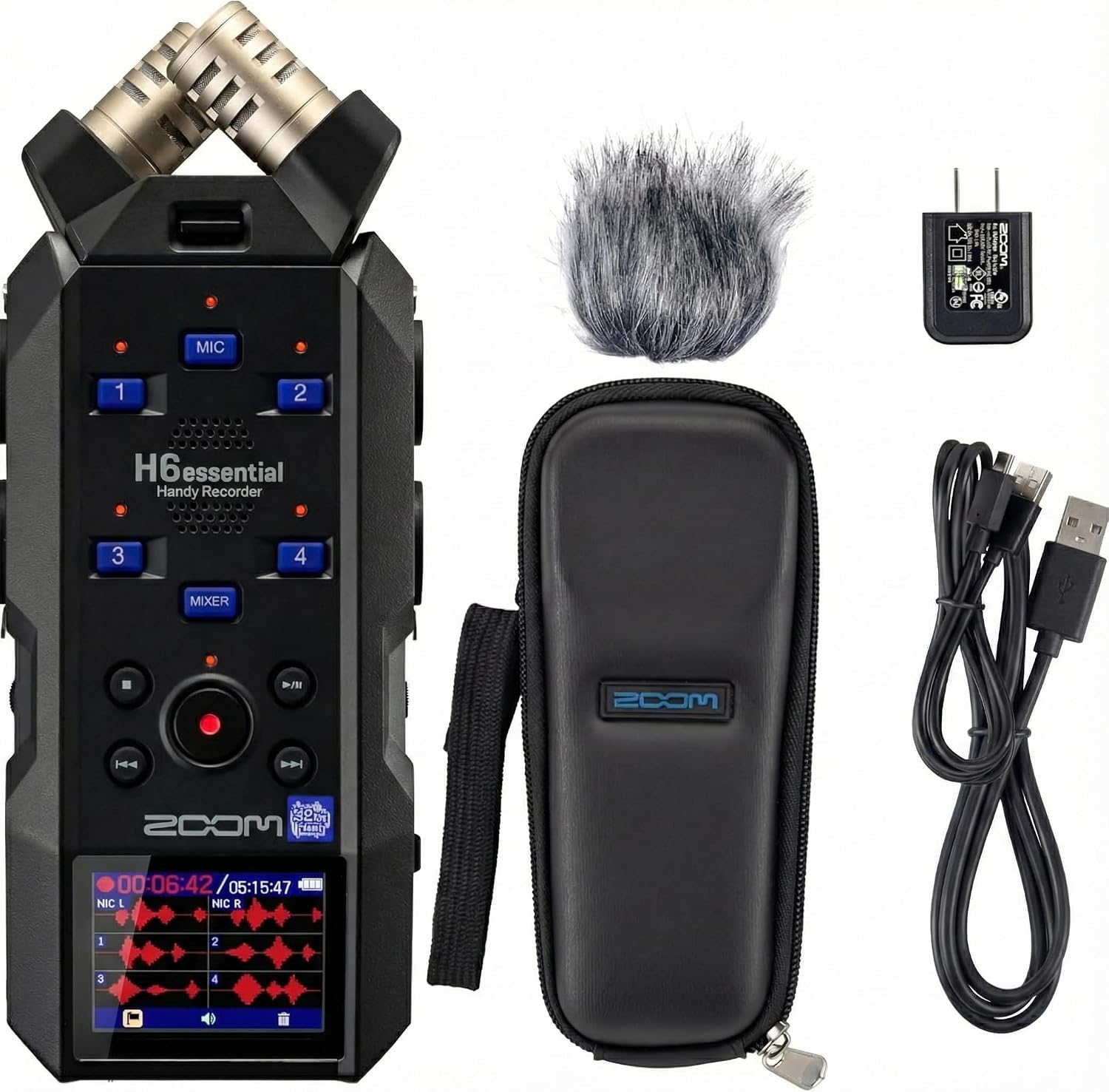 Zoom H6essential 6-Track 32-Bit Float Portable Audio Recorder Bundle with APH-6e H6essential Accessory Pack with Hairy Windscreen, Padded Shell Case, AC Adapter, & USB C-Cable (H6e + APH6E Bundle)