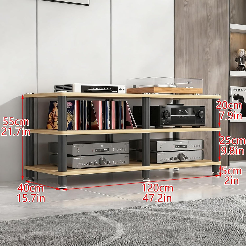 AV Media Stand, Stereo Rack with Thickened Board, Multi-Tier Open Storage Stereo Cabinet, Audio-Video Rack with Metal Tube, Record Player Stand for Theater(White,3 Tier 120x40x55cm)