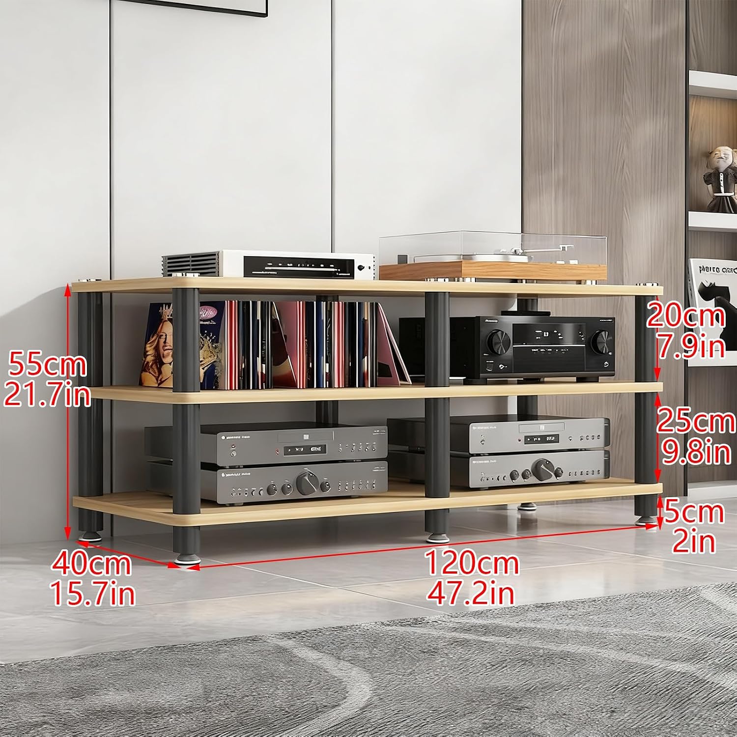 AV Media Stand, Stereo Rack with Thickened Board, Multi-Tier Open Storage Stereo Cabinet, Audio-Video Rack with Metal Tube, Record Player Stand for Theater(White,3 Tier 120x40x55cm)
