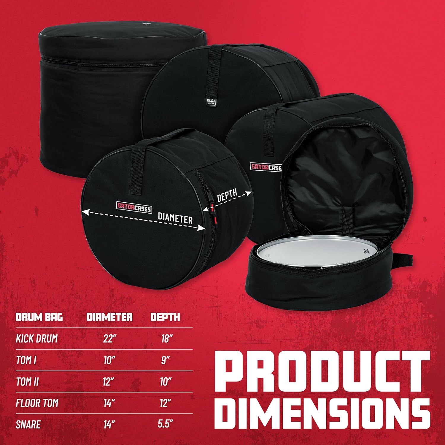 Gator GP-FUSION-100 Cases Protechtor Series 5 piece Padded Drum Bag Set for Fusion Kits, 22' Kick, 10' Tom, 12' Tom, 14' Tom, 14' Snare, Black