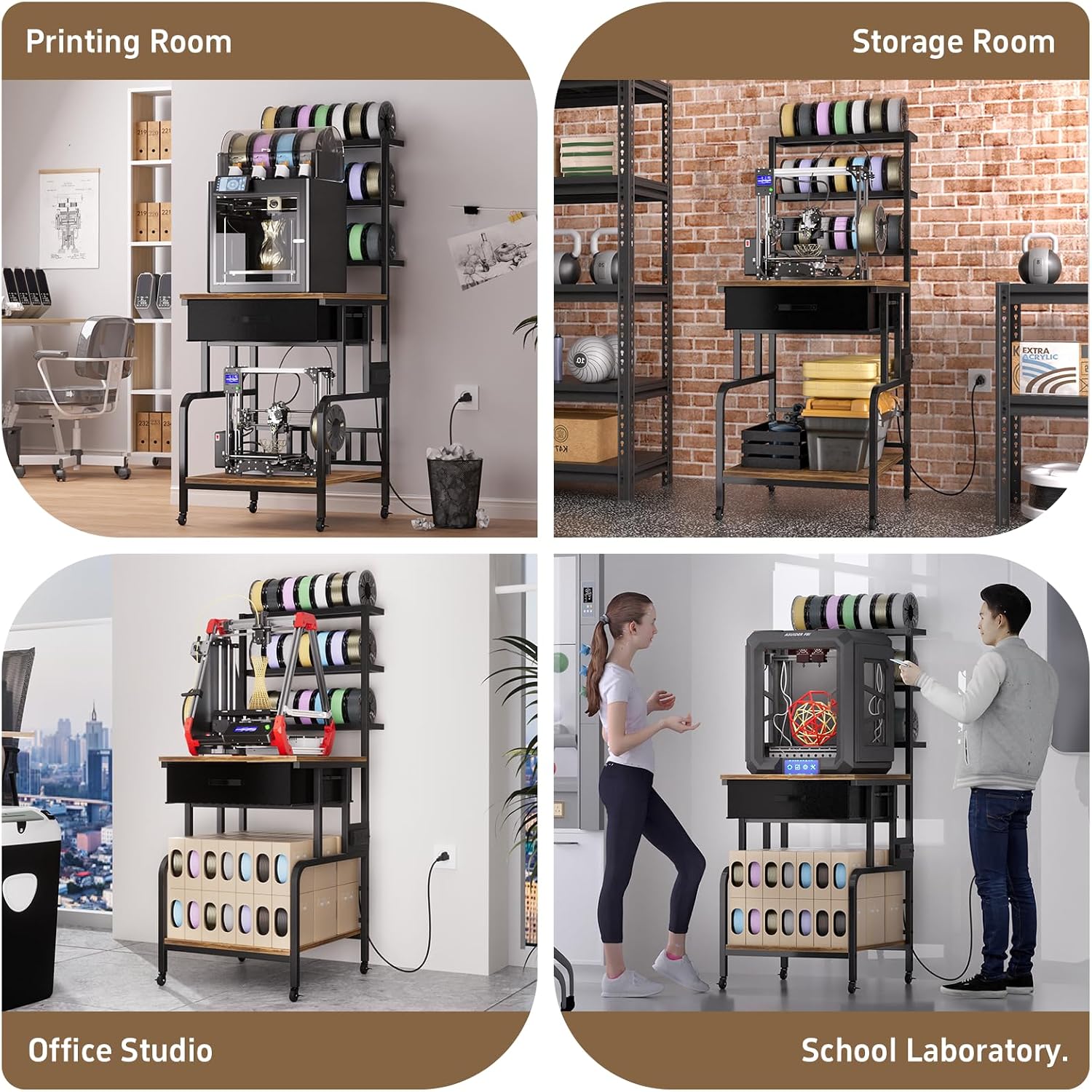 3D Printer Stand with Filament Storage,3D Printer Rack with Storage Drawer，Heavy-Duty 3D Printers Table with Power Outlet，for ABS/PLA/TPU Spools, Home Office Studio Rustic Brown