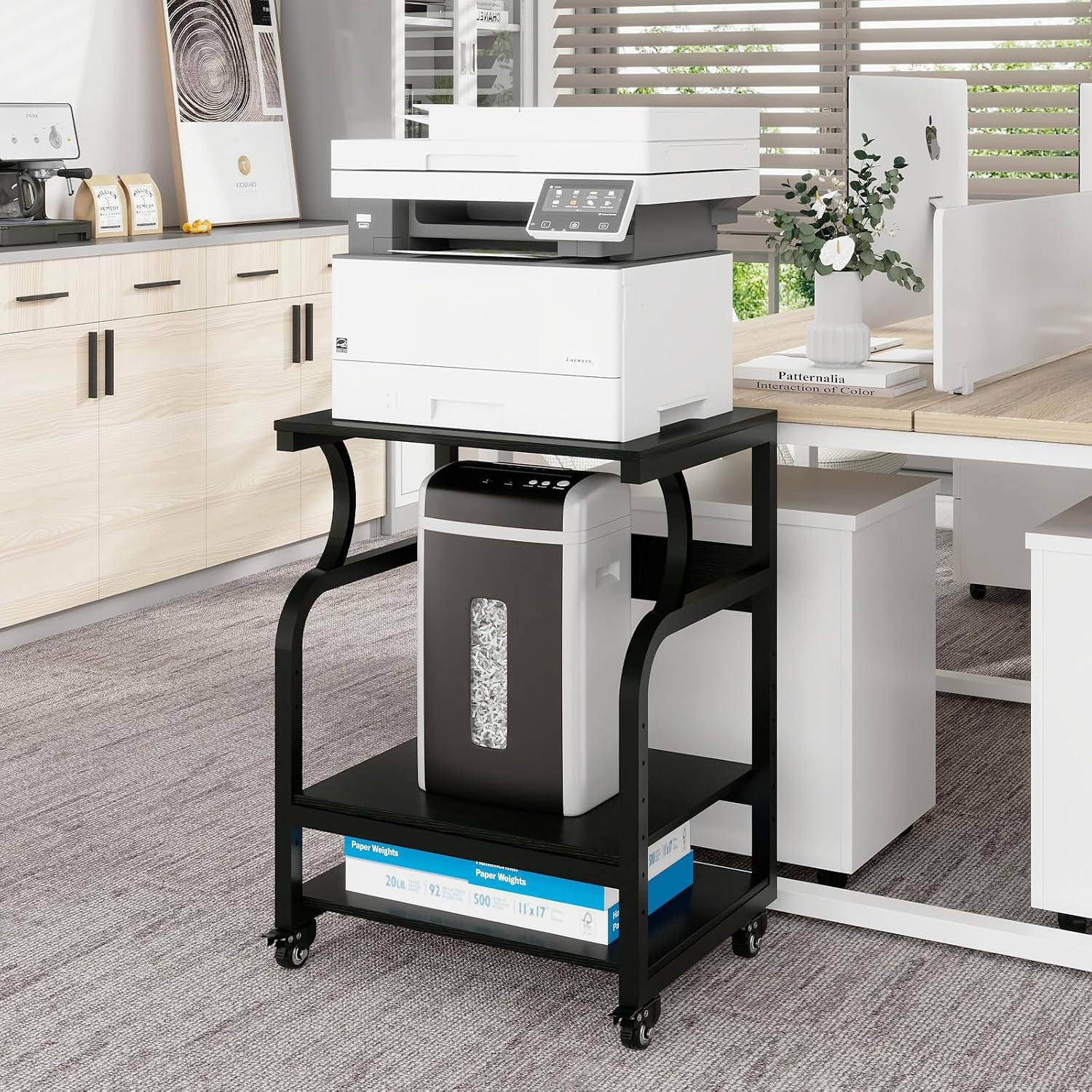 Natwind Large Printer Stand,24''x20''x29''Printer Table with Adjustable Storage Shelf,3 Tier Rolling Printer Cart with Wheels,Home Office Multifunctional Shelves for Heat Press (Black)