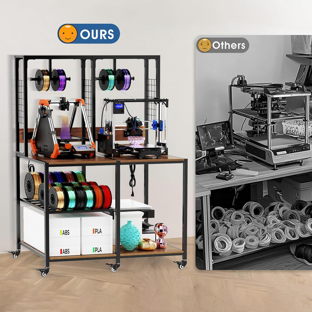 Double 3D Printer Stand with Filament Storage, Heavy-Duty Metal & MDF Dual Printer Workbench, T-Type Filament Holders, Lockable Wheels, Mobile 3D Printing Workstation for Home Studio & Workshop