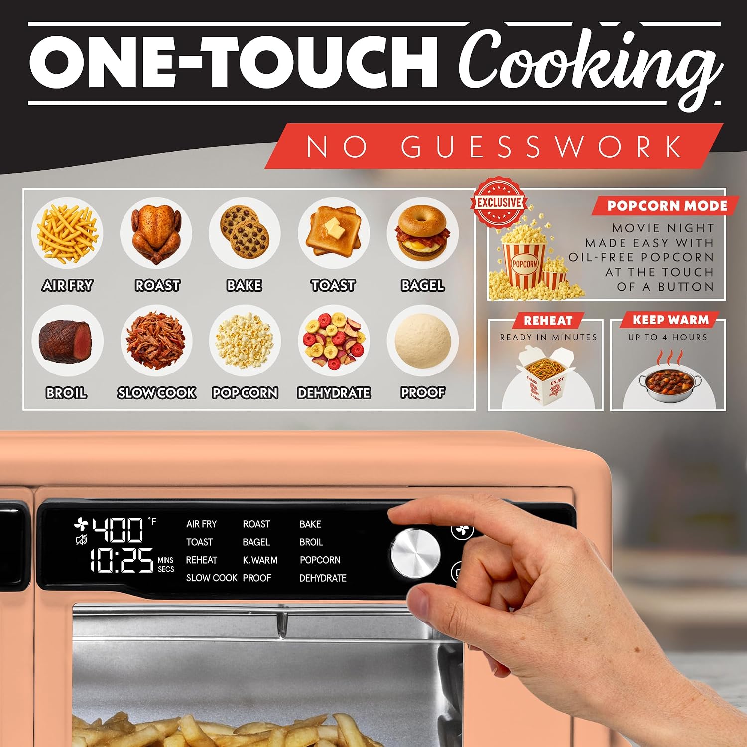 Gourmia French Door Air Fryer Oven - 37 Qt Large Capacity Convection Toaster Oven, FryForce 360°, Digital Display, 12 Cooking Presets, Dehydrate, Fits 13' Pizza, Dishwasher-Safe, Peach
