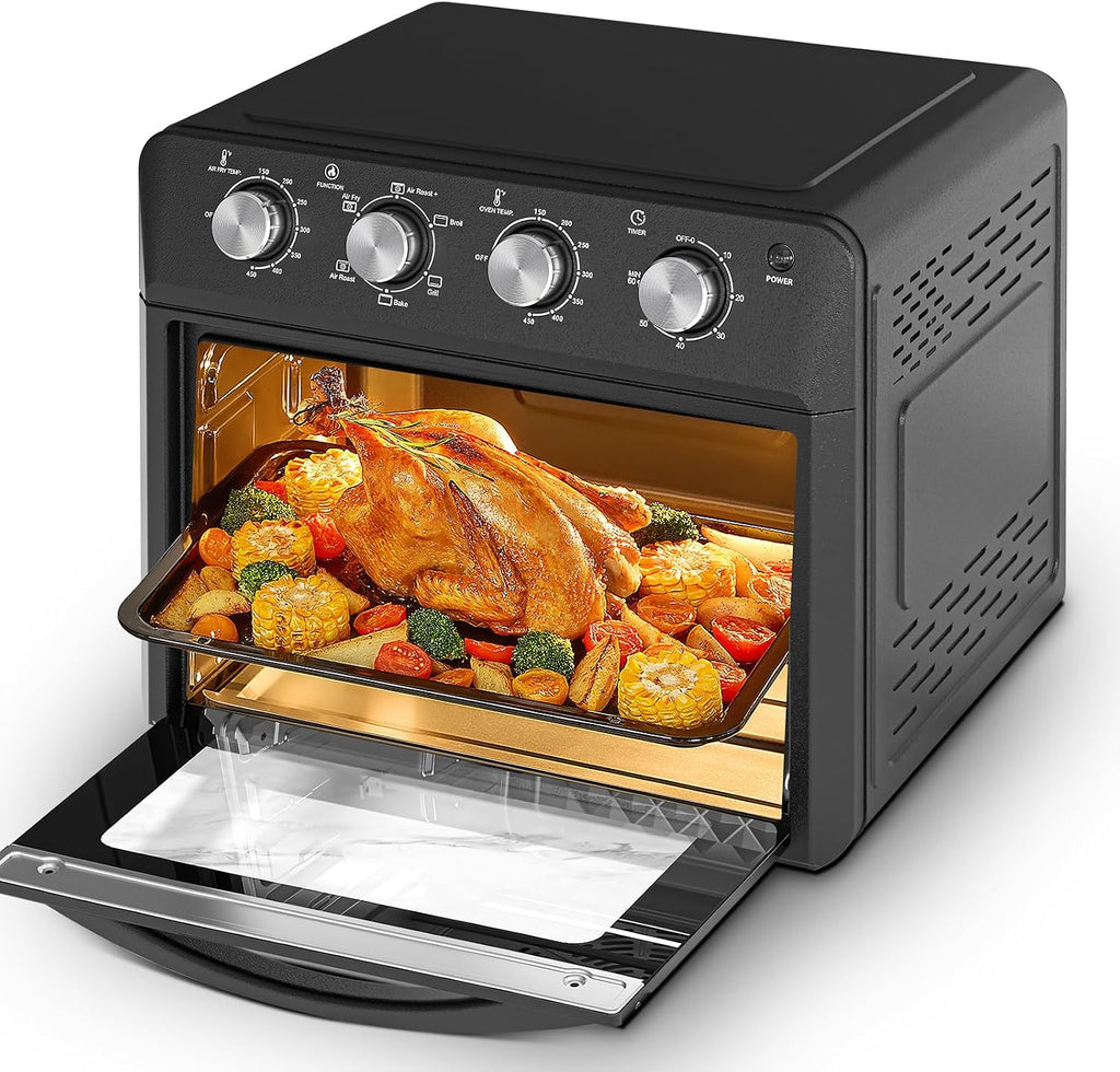 Plum chef 27.5QT 6-in-1 Air Fryer Toaster Oven Extra Large Dropdown-Door 6-Slice Convection Oven for Air Frying, Baking, Roasting, Broiling & Grilling, Stainless Steel Housing, Black