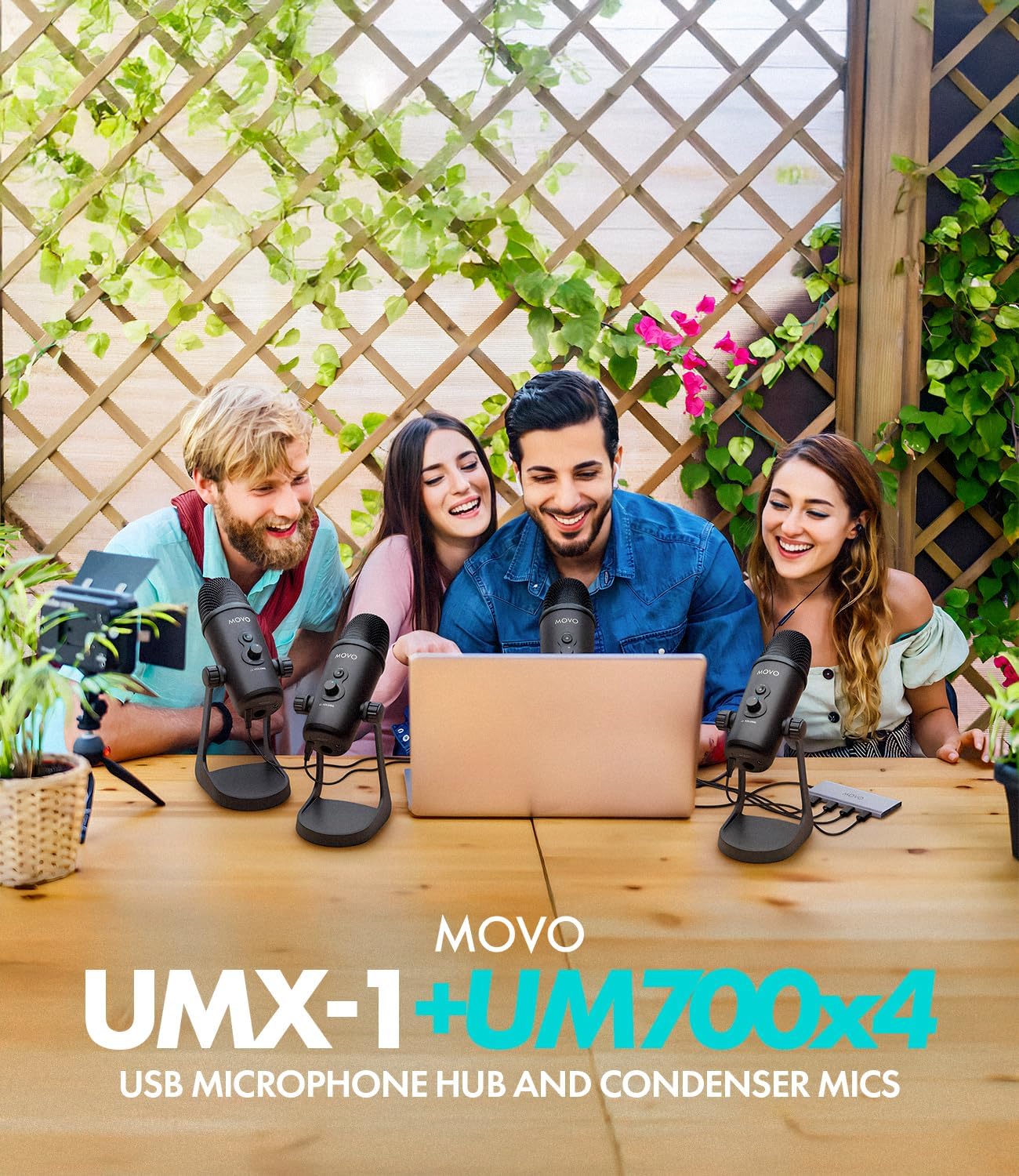Movo USB Podcast Equipment Bundle for 4 – USB Interface with 4 UM700 Condenser Microphones – 4-Port Powered Hub for Streaming, Podcasting, Interviews