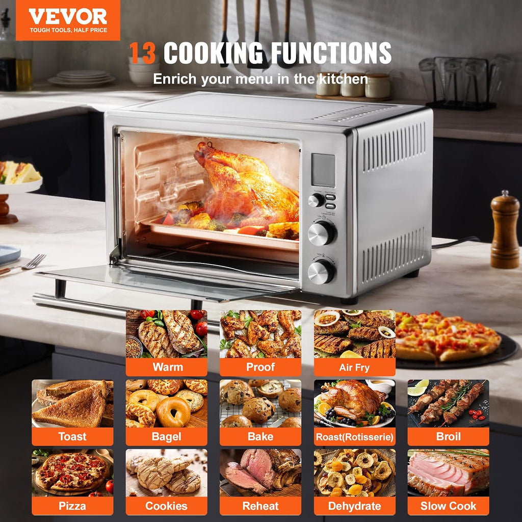VEVOR Air Fryer Toaster Oven, 28L/29.6Qt Large Capacity 13 in 1 Functional Convection Oven, 1800W 2-Tier Toaster Ovens Countertop Combo with Wire Racks, Pizza Pan, Gloves, Home and Commercial Use