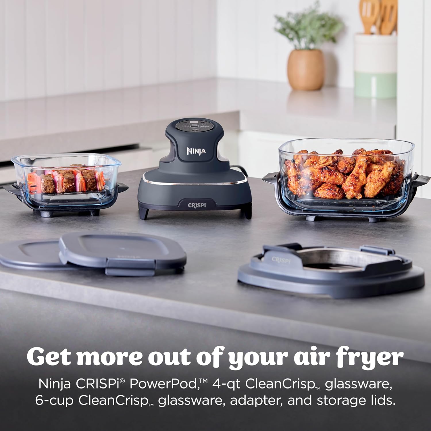 Ninja Crispi Air Fryer, Microwave, Freezer & Dishwasher Safe, Non Toxic Glass Portable Cooking System, 4 QT & 6 Cup Glass Containers with Storage Lids, Easy Meals, Air Fry, Bake, Grey (Renewed)
