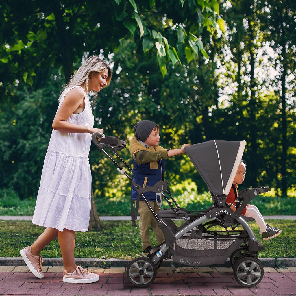 Baby Trend Sit N' Stand Convertible Multi-Use Easy Fold Travel Toddler & Baby Tandem Double Stroller with Safety Harness and Storage Basket, Magnolia