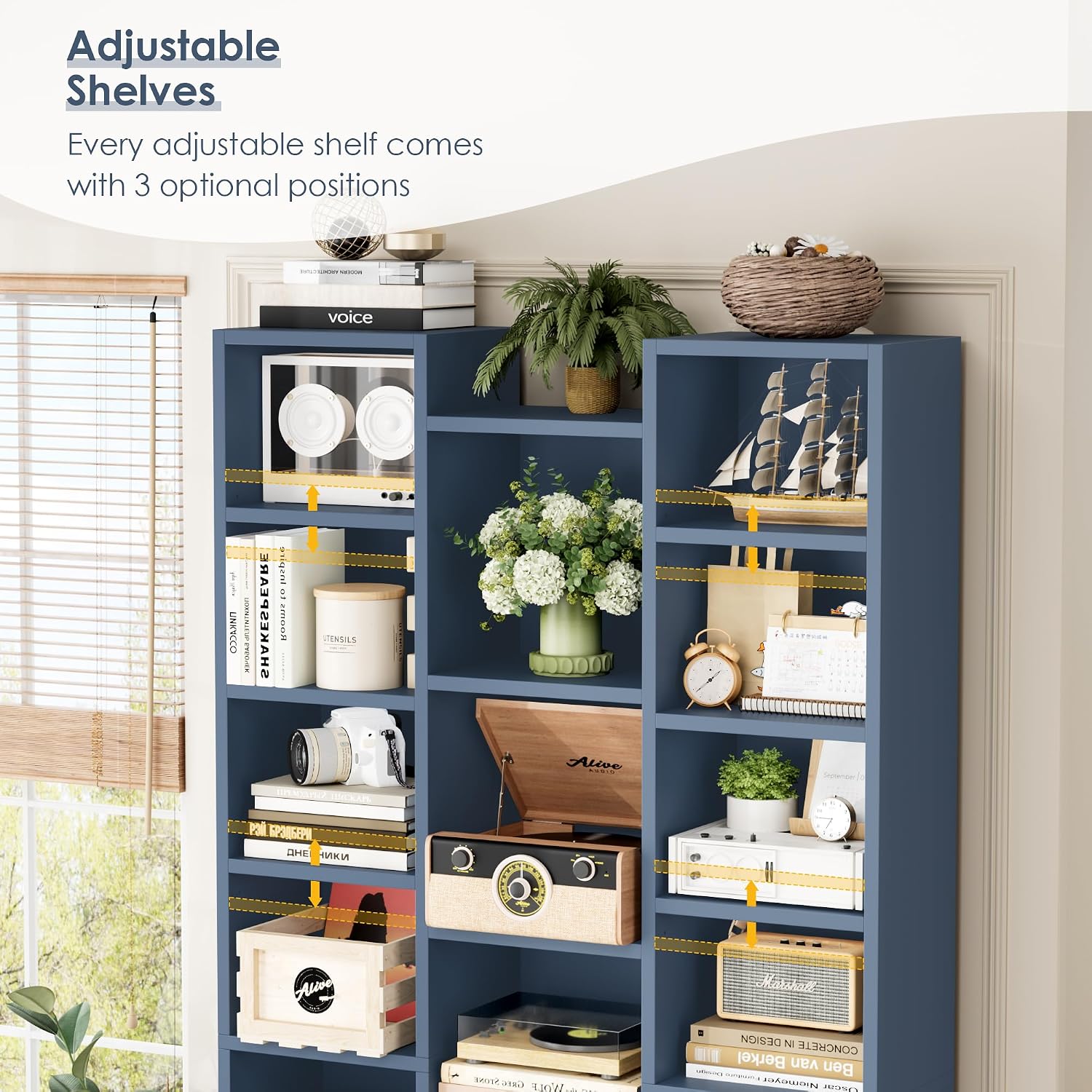 FOTOSOK 71'' Tall Bookshelf with 21 Cubes, 8 Tier Triple Wide Bookshelf with 8 Adjustable Shelves, 35' Large Bookcase DVD/CD Media Tower Storage, Freestanding Display Shelf Cabinet, Blue
