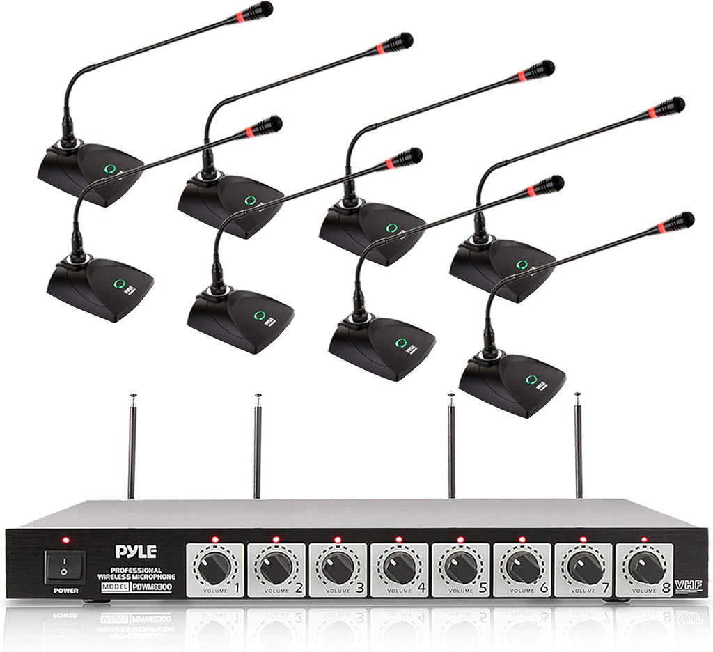 Pyle 8 Channel Wireless Microphone System - Portable VHF Cordless Audio Mic Set with 1/4' and XLR Output, Dual Antenna, - Includes 8 Table Top Mics, Rack Mountable Receiver Base - Pyle PDWM8300,Black