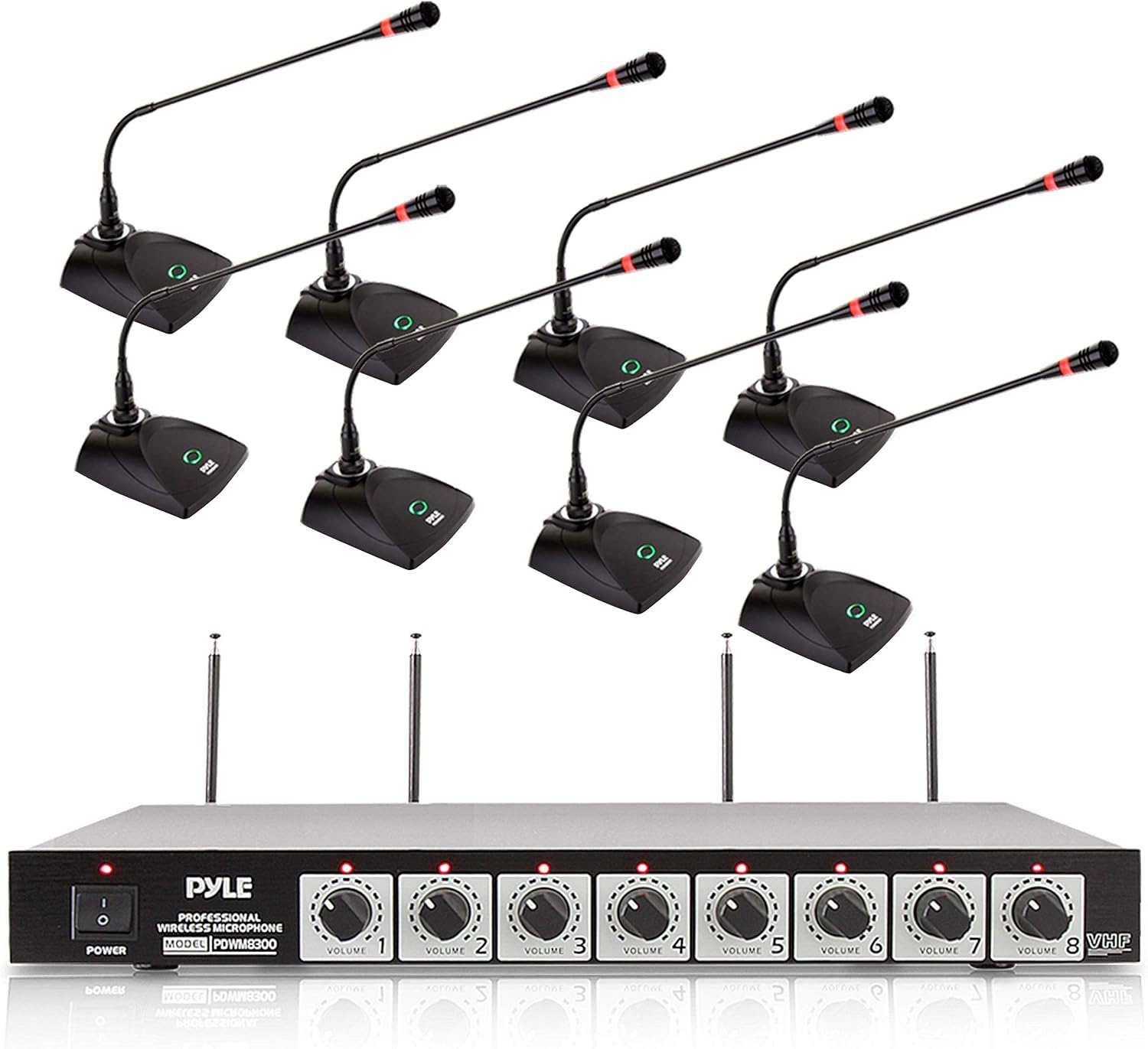 Pyle 8 Channel Wireless Microphone System - Portable VHF Cordless Audio Mic Set with 1/4' and XLR Output, Dual Antenna, - Includes 8 Table Top Mics, Rack Mountable Receiver Base - Pyle PDWM8300,Black