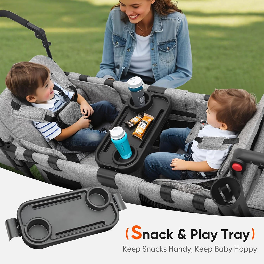 Sekey Wagon Stroller for 2 Kids, Luxury 4-in-1 Stroller Wagon - Premium Quality with Convertible Seats, Adjustable Push Handles, Removable Canopy, Snack Tray & Cooler, US Certified. Gray