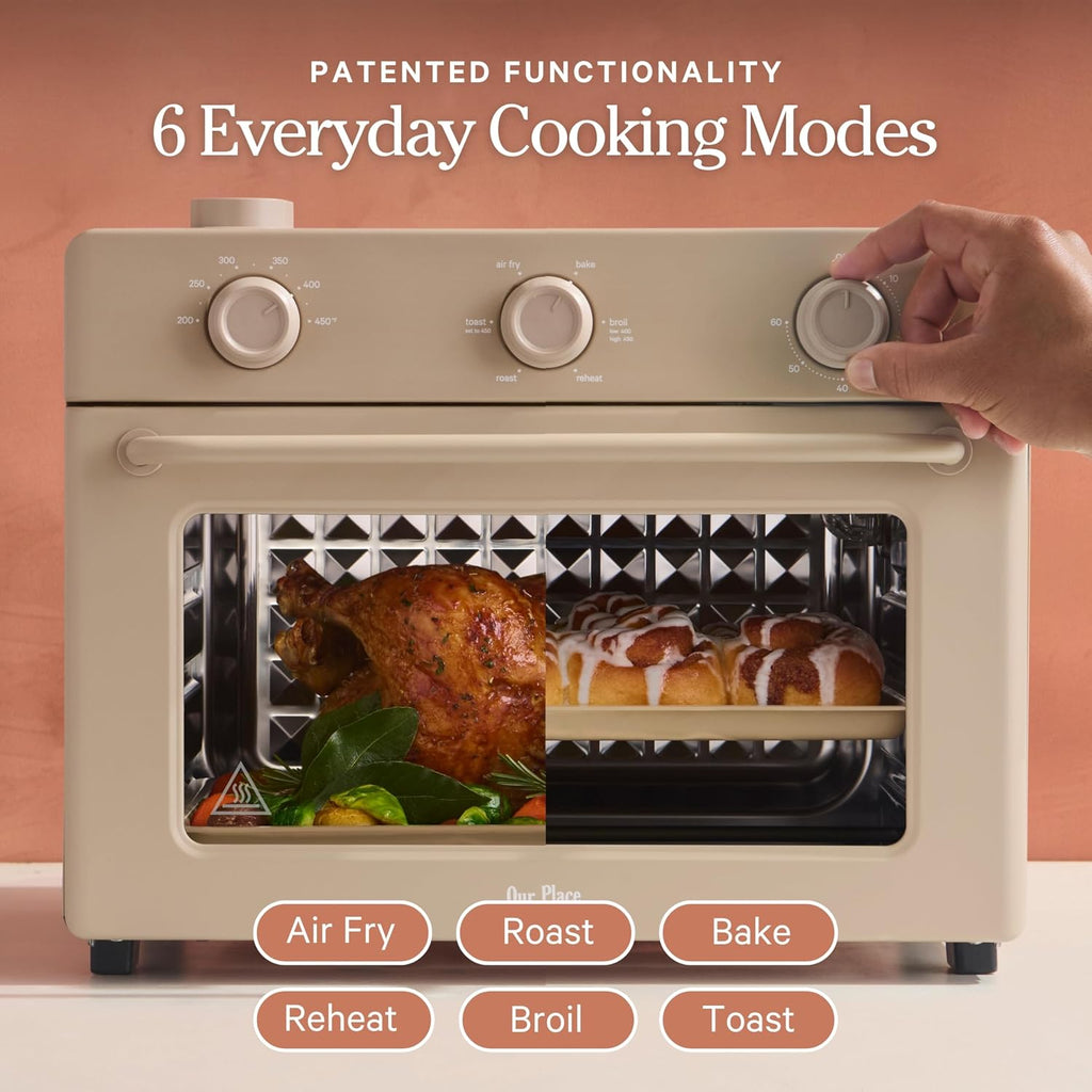 Our Place Large Wonder Oven | 6-in-1 Stainless Steel Air Fryer Toaster Oven Combo with Basket, Rack, Pan & Tray | 3-Rack, 32 QT, Large Capacity - Toast, Roast, Bake, Reheat, Broil & Steam | Steam