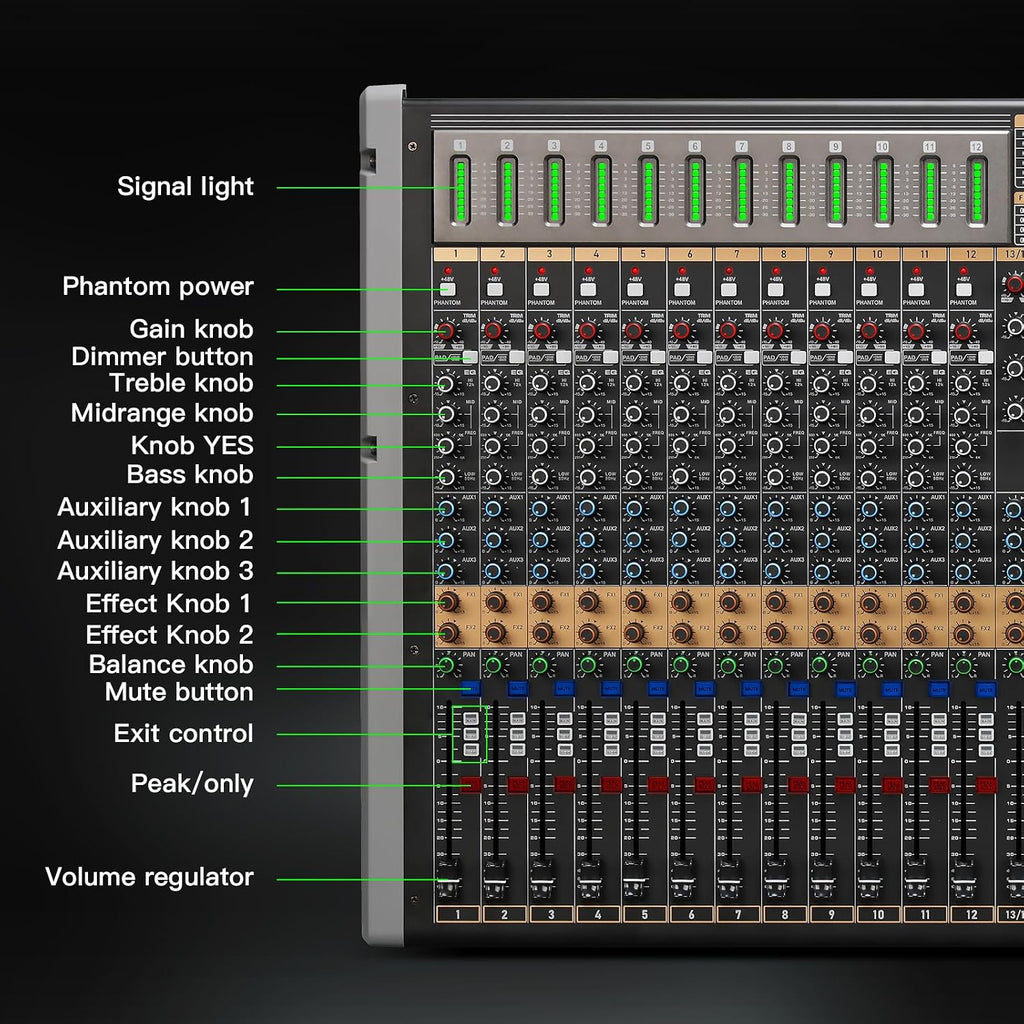 24 Channel Multi-Input Audio Mixer, High Capacity Mixing Console with USB Interface, 99 DSP Effects, 48V Phantom Power, XLR Inputs for Complex Audio Setup