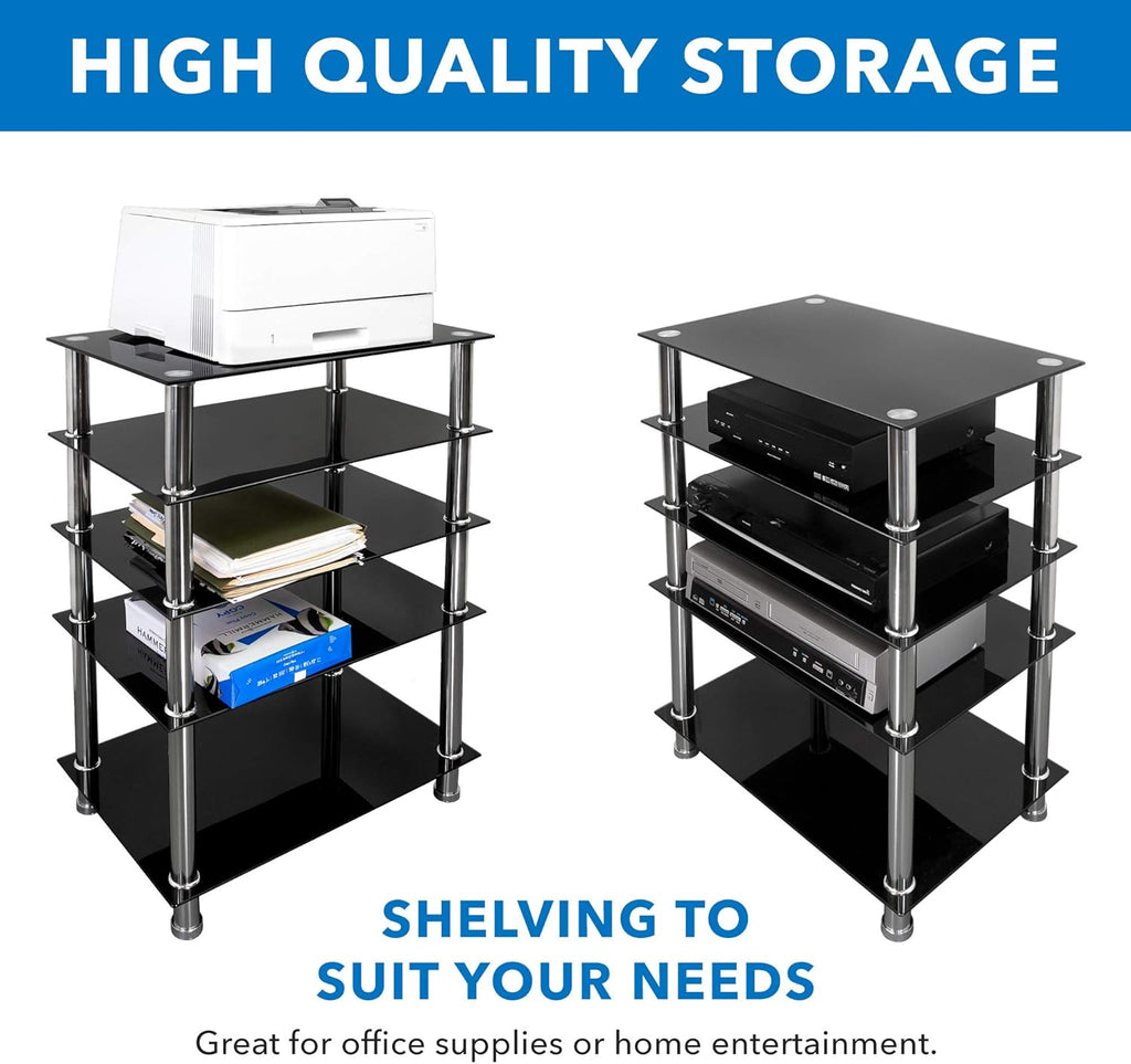 Mount-It! Tempered Glass AV Component Media Stand, Audio Tower and Media Center with 5 Shelves, 220 Lbs Total Capacity, Black Shelves Chrome Legs (MI-8671)