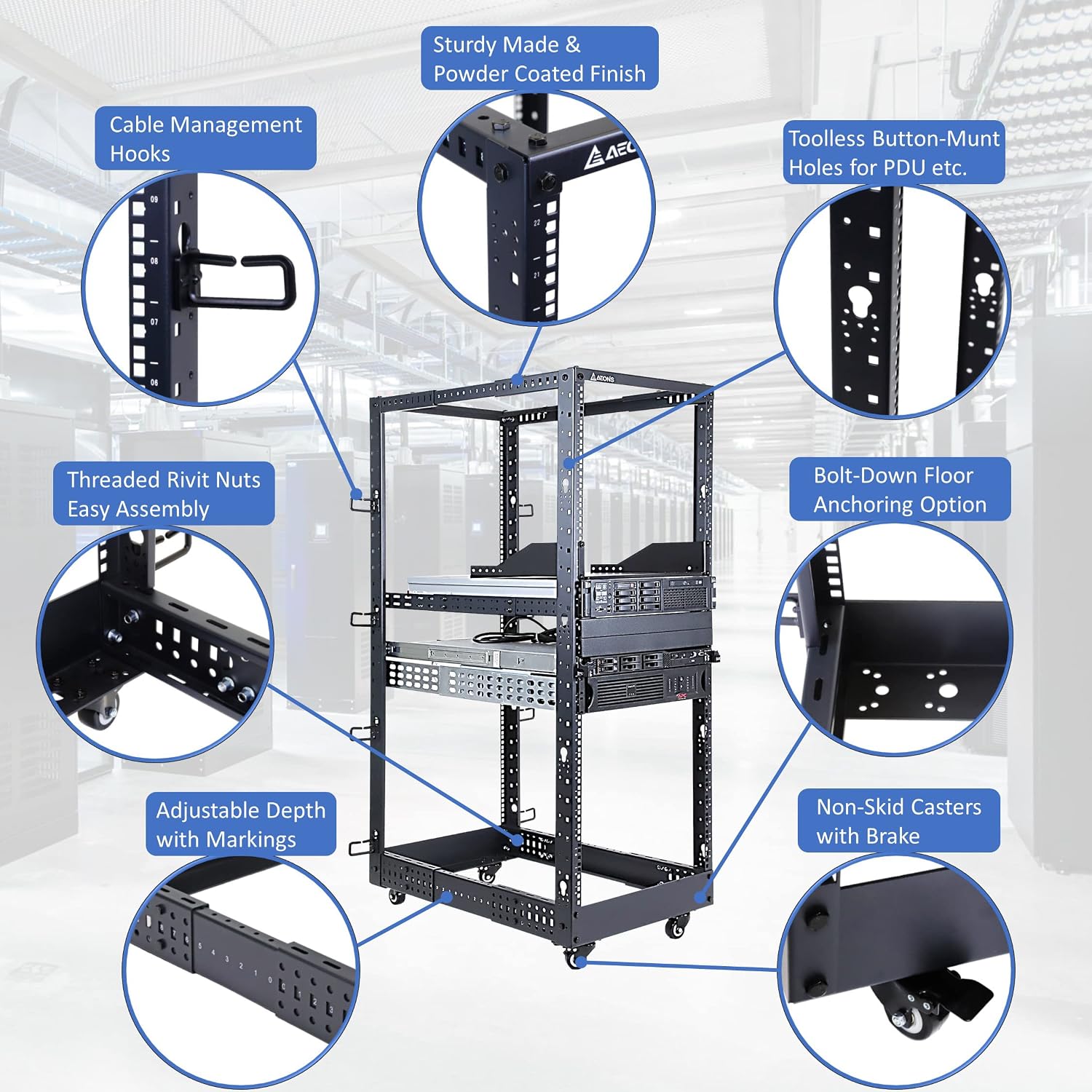 AEONS 22U 4-Post IT Open Frame Server Rack 19 Inch Depth-Adjustable (22' to 40') Network Equipment AV Gear w/Casters and Cable Management
