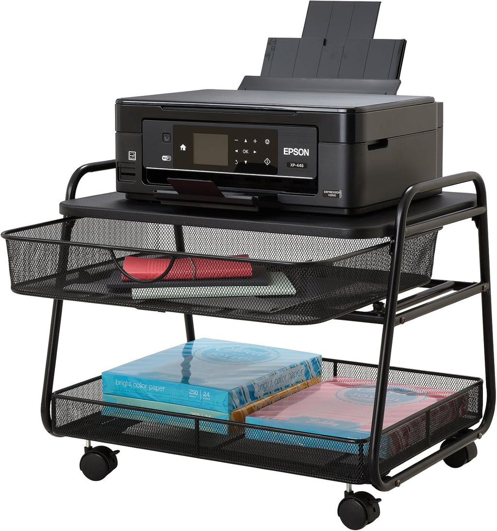 Safco 5208BL Onyx Under-Desk Rolling Machine Stand, Black, 21'W x 16'D x 17.5'H for Printer and Fax Machines With Basket and Drawer Storage. Perfect for Home, Office and Classrooms