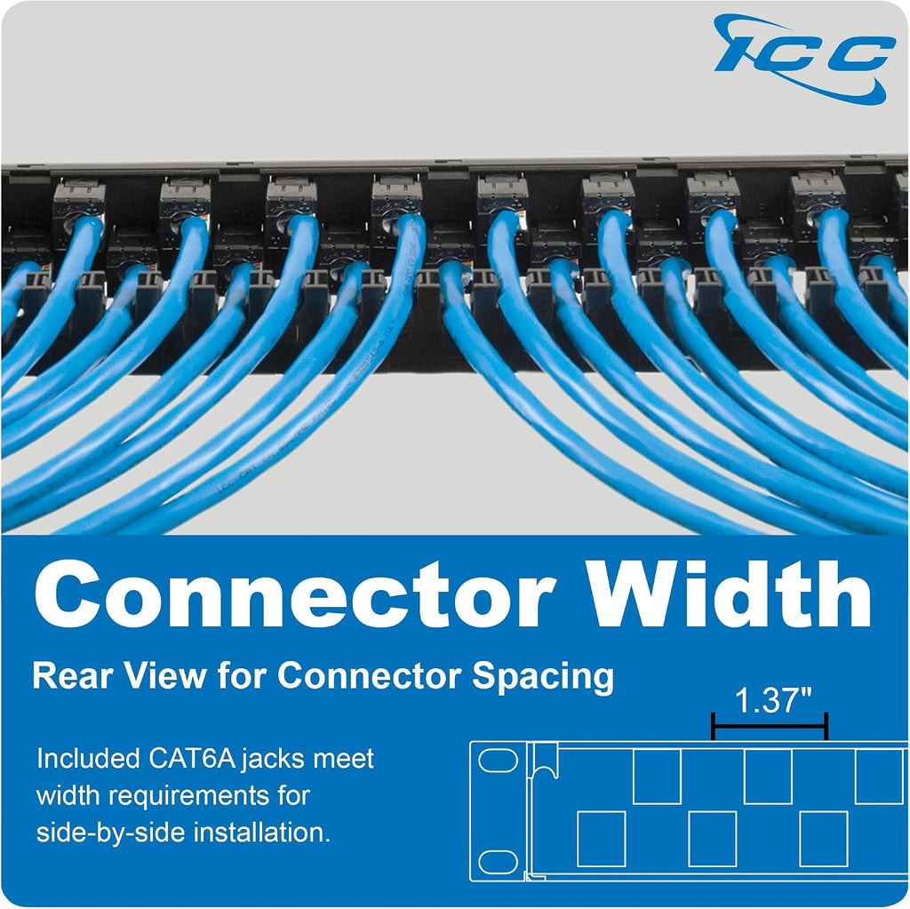 ICC 24-Port CAT6A Keystone 1U Patch Panel with CAT6A Keystone Jacks, 19' Rackmount Housing and Cable Support Bar, Staggered Ports to Reduce ANEXT, UL Listed PoE++ Compliant, ICMPP246AU