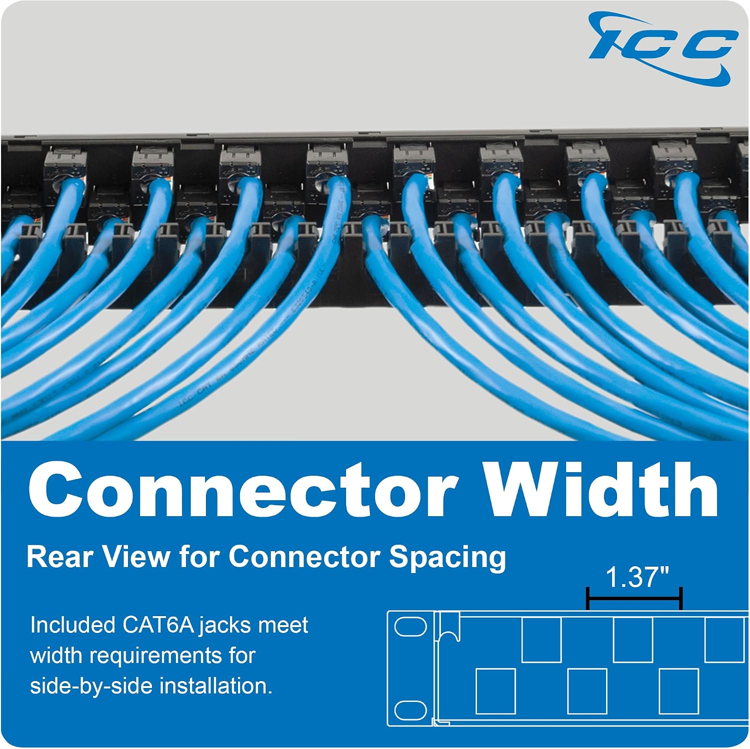 ICC 24-Port CAT6A Keystone 1U Patch Panel with CAT6A Keystone Jacks, 19' Rackmount Housing and Cable Support Bar, Staggered Ports to Reduce ANEXT, UL Listed PoE++ Compliant, ICMPP246AU