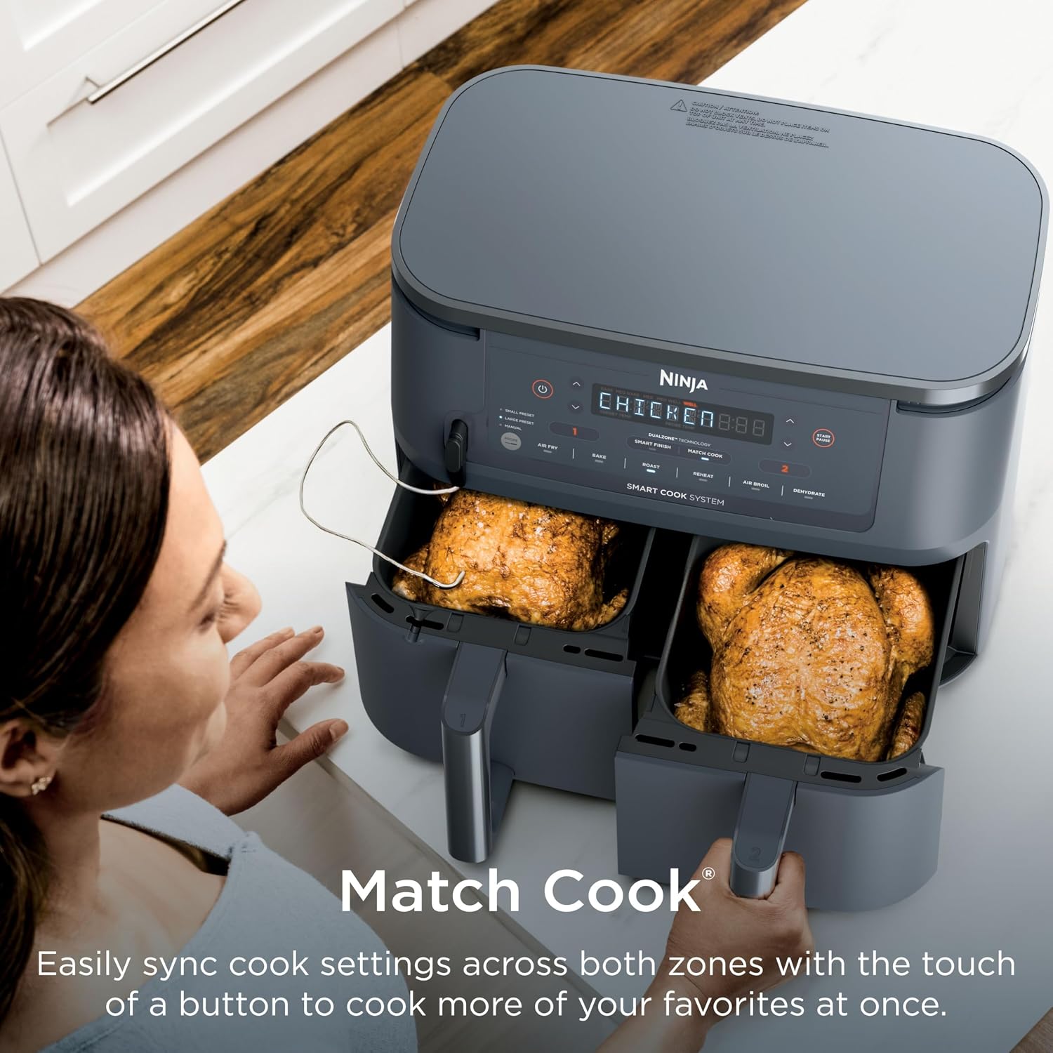 Ninja Foodi Air Fryer w/Smart Cook Thermometer | 6-in-1 Air Fry, Roast, Bake, Dehydrate & More | DualZone™ Match Cook & Smart Finish, 2 Independent Baskets | XL 10 Qt, Stainless Steel | Grey,DZ550GY