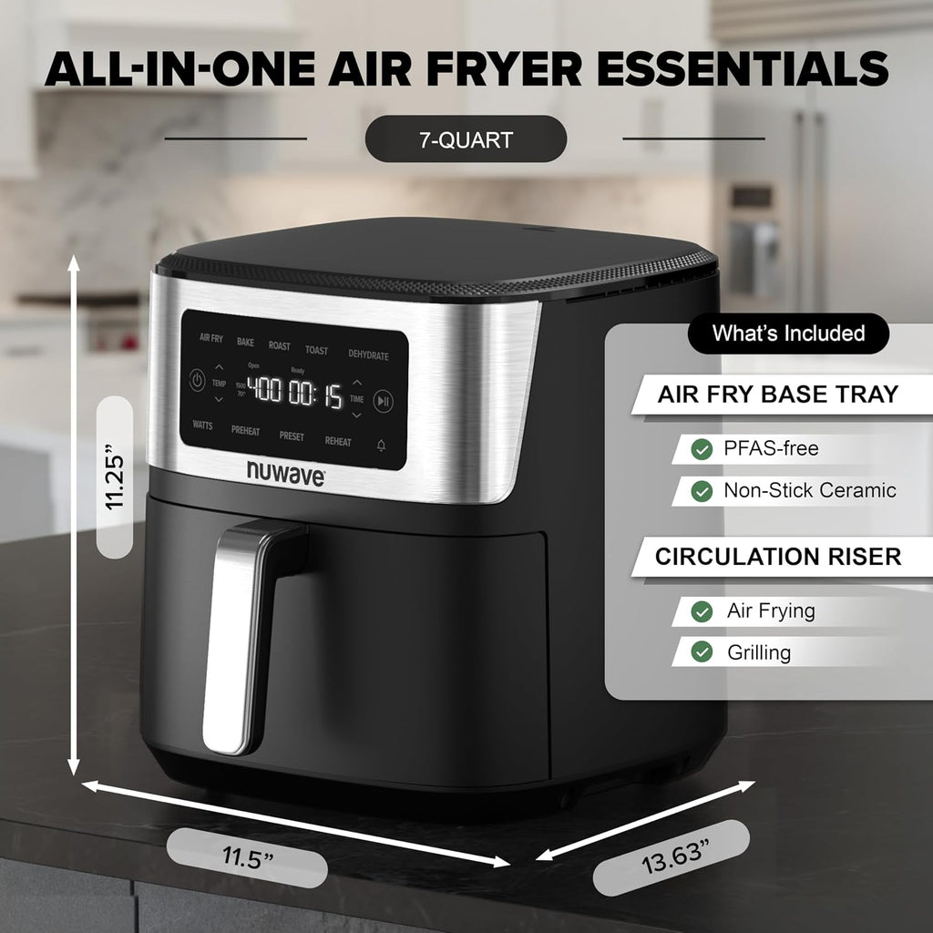 Nuwave Brio Plus 6-in-1 Air Fryer, 7-Qt Large Capacity, 50°F–400°F Precise Temp Control, Non-Toxic PFAS-Free Nonstick, Air Fry, Bake, Roast, Toast, Dehydrate, Reheat, 100 Presets, Dishwasher Safe