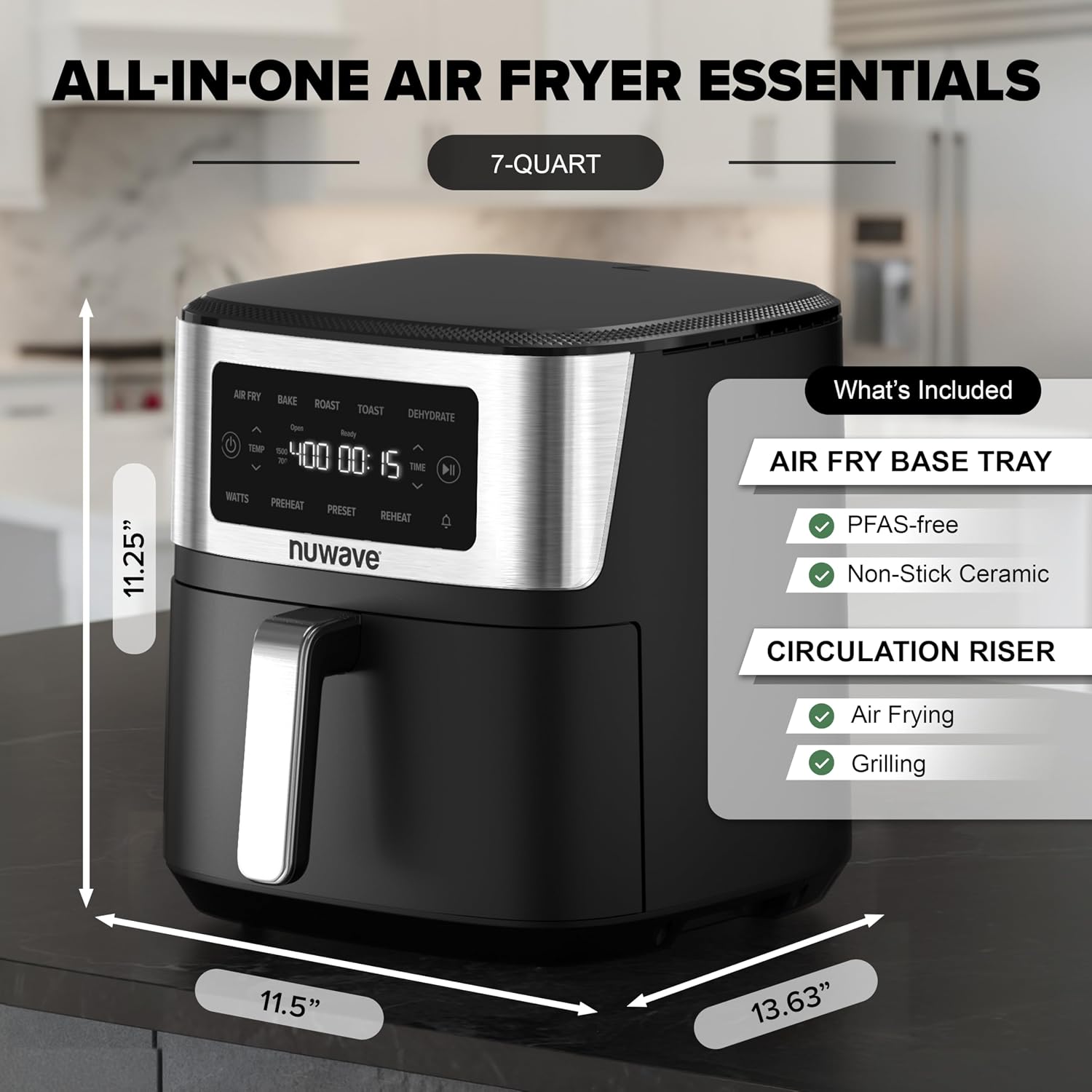 Nuwave Brio Plus 6-in-1 Air Fryer, 7-Qt Large Capacity, 50°F–400°F Precise Temp Control, Non-Toxic PFAS-Free Nonstick, Air Fry, Bake, Roast, Toast, Dehydrate, Reheat, 100 Presets, Dishwasher Safe