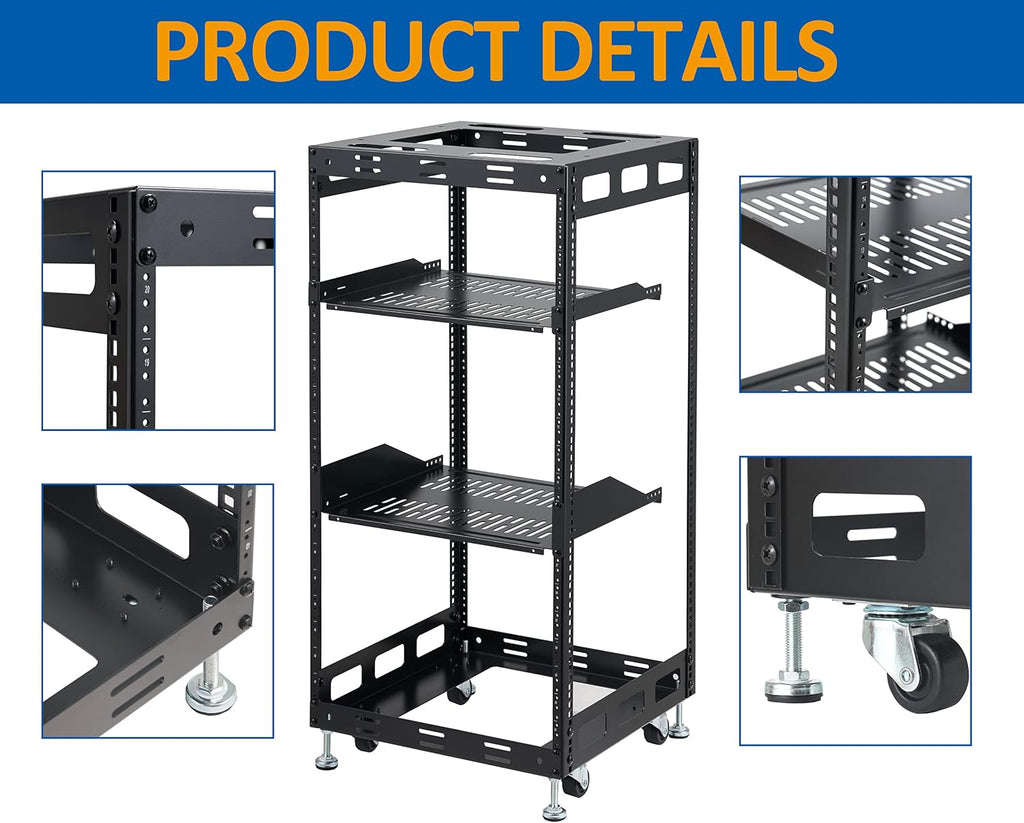 20U Open Frame Rack for Servers & AV Gear - Wall Mountable Design Includes 2X Vented Shelves, 4X Leveling Feet, 4X Casters