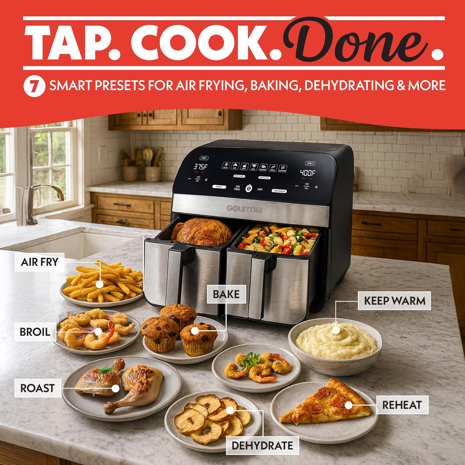 Gourmia Dual Basket Air Fryer - 10 Qt Large Capacity, FryForce360º, Digital Display with 7 Presets, Roast, Bake, Broil, Dehydrate, Match Cook, Sync Finish, Dishwasher Safe Accessories, Black