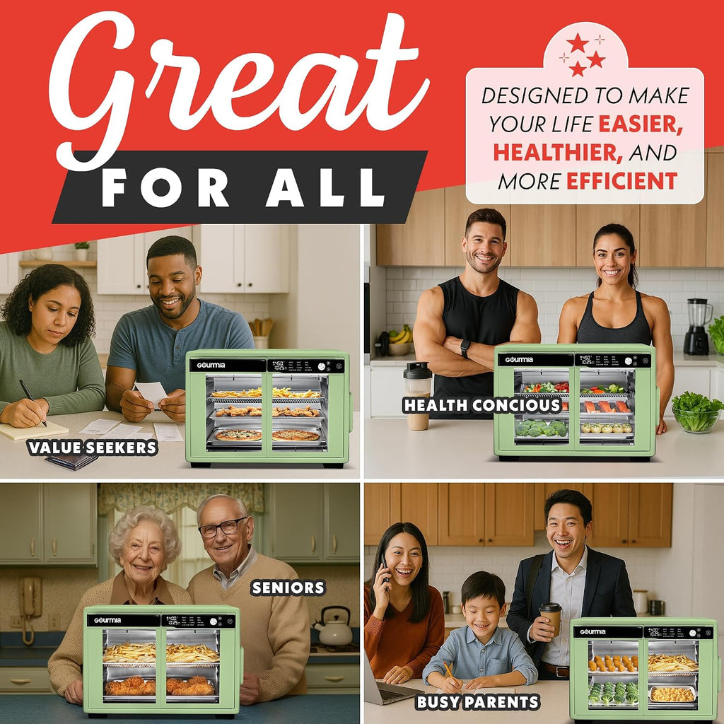 Gourmia French Door Air Fryer Oven - 37 Qt Large Capacity Convection Toaster Oven, FryForce 360°, Digital Display, 12 Cooking Presets, Dehydrate, Fits 13' Pizza, Dishwasher-Safe, Green