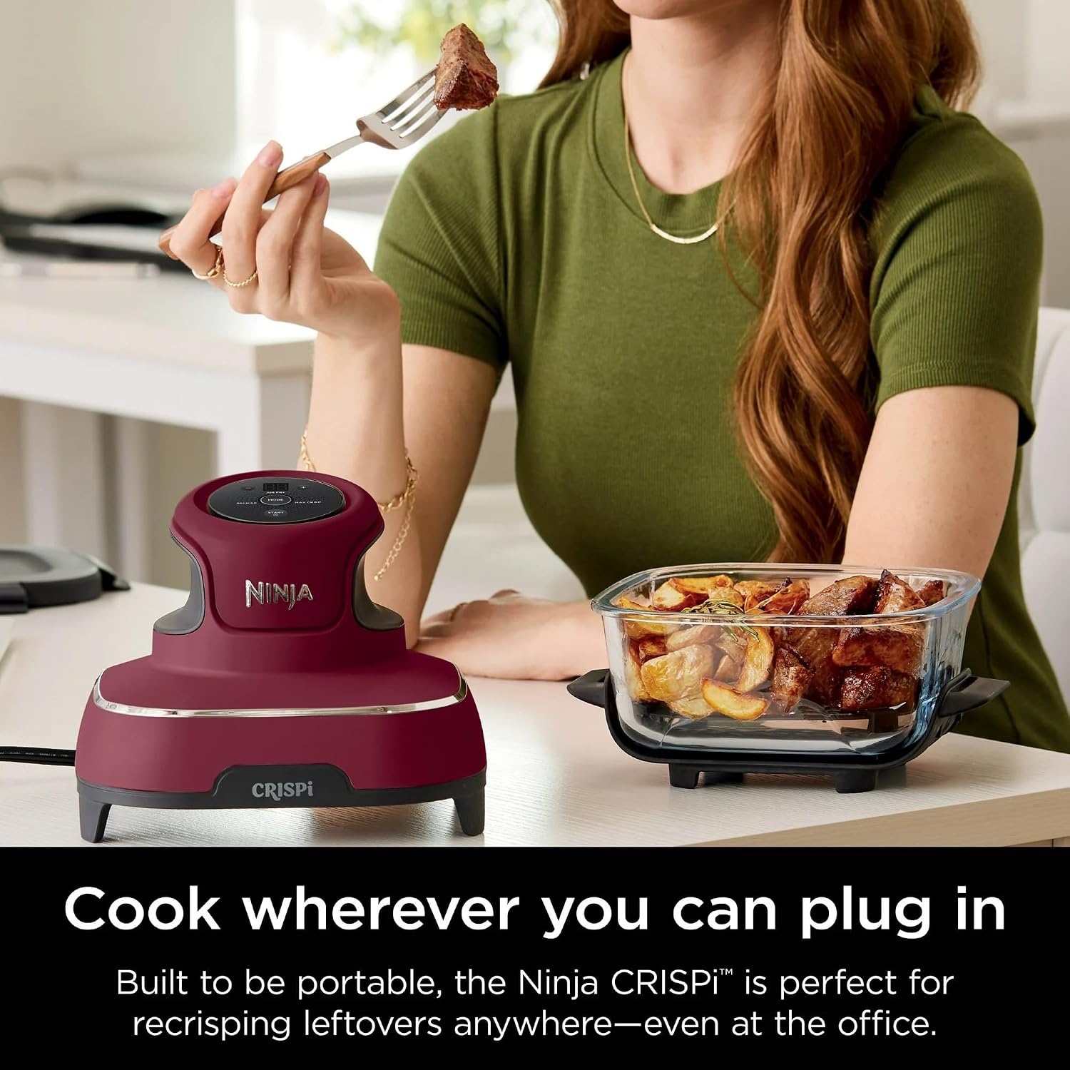 Ninja FN100RD Crispi Air Fryer, Microwave, Freezer & Dishwasher Safe, Non Toxic Glass Portable Cooking System, 4 QT & 5 Cup Glass Containers with Storage Lids, Easy Meals, Cherry (Renewed)