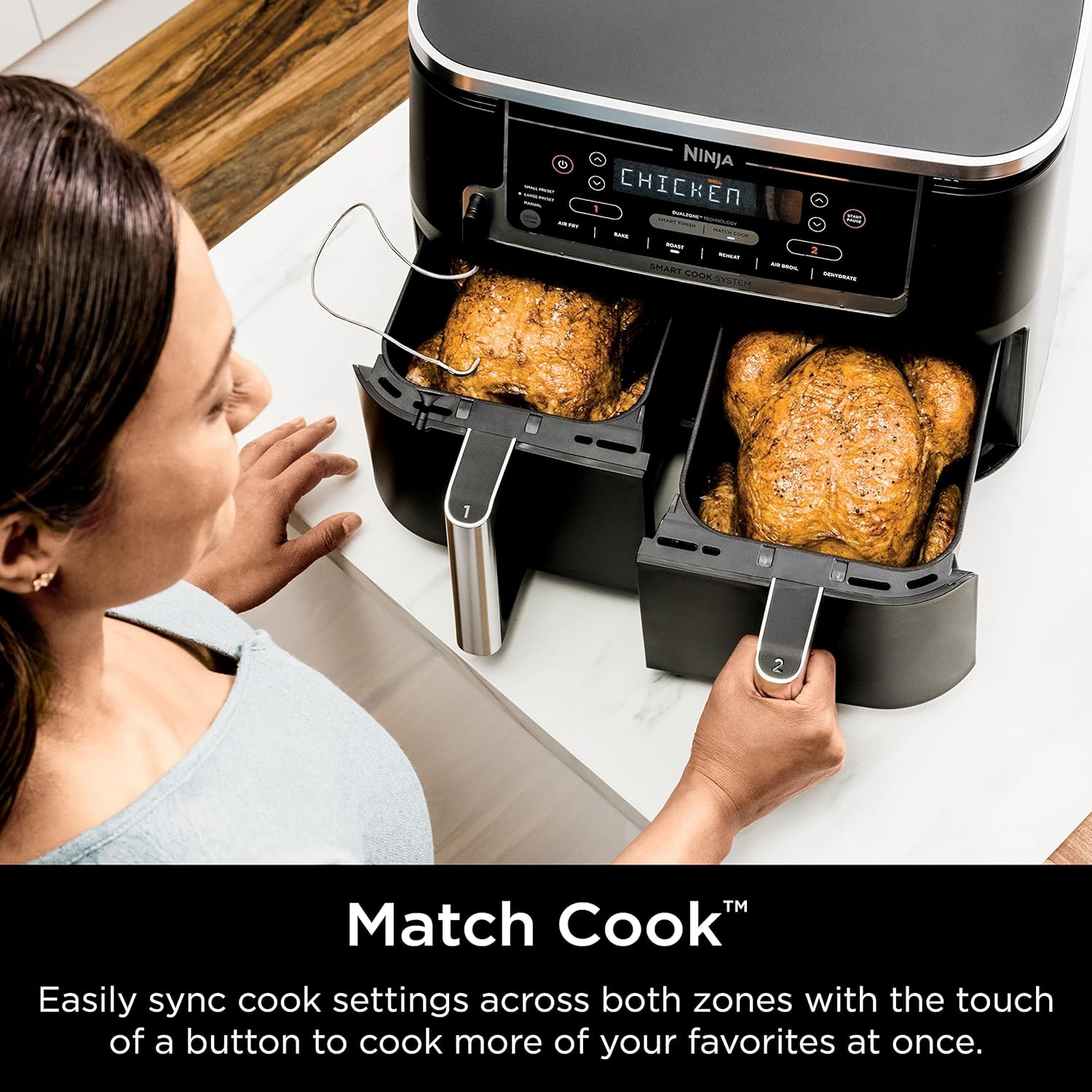 Ninja DZ550 Foodi 10 QT 6-in-1 DualZone Smart XL Air Fryer with 2 Independent Baskets, Smart Cook Thermometer for Perfect Doneness, Match Cook & Smart Finish to Roast, Dehydrate & More, Grey