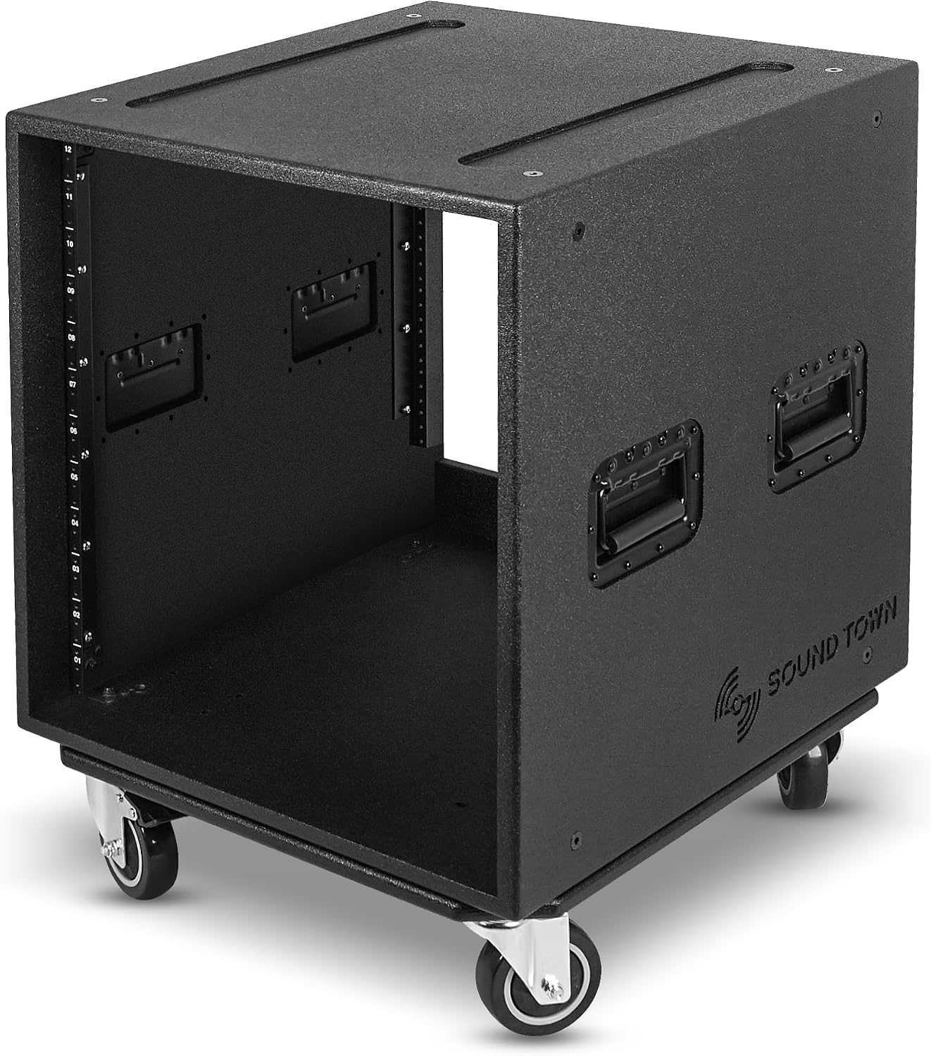 Sound Town 12U PA/DJ Rack/Road Case with 12-Space, Industry-Grade 0.7' (18mm) Plywood with Polyurea Coating, Rain Cover, Casters, 21.7' Rackable Depth - Pro Tour Grade (STRCP-12UW)