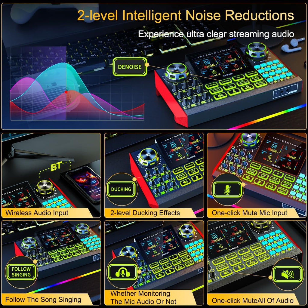 podcast equipment bundle, Live Sound Card with Audio Interface, All-in-One Audio Mixer with Voice Changer, Condenser Microphone for Live Streaming, Singing, Gaming, and Content Creation.