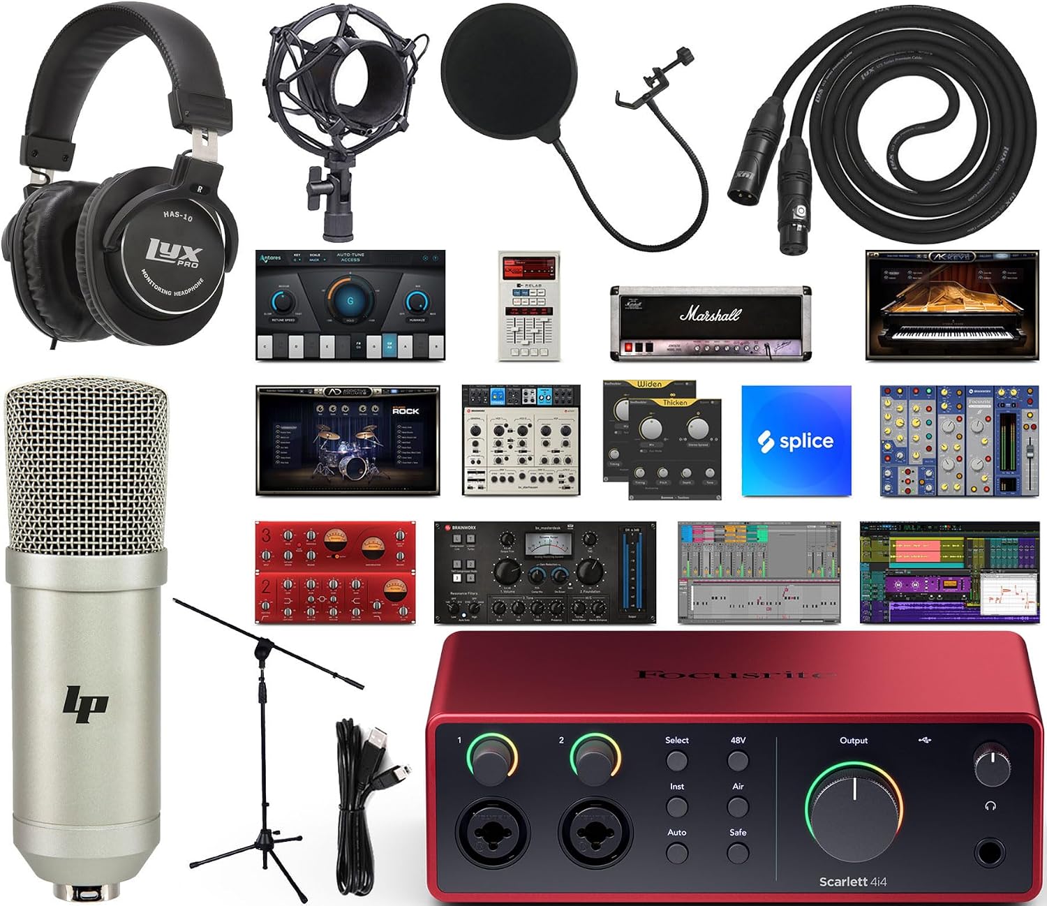 Focusrite Scarlett 4i4 4th Gen USB-C Audio Interface Recording Bundle with LyxPro Condenser Microphone, Headphones, Pop Filter, Shock Mount, Stand, XLR Cable & Software Pack