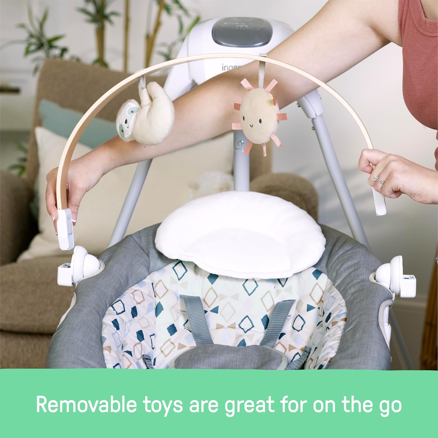 Ingenuity SimpleComfort Compact Baby Swing, Rotating Seat Swings in 3 Directions, 6 Speeds, 8 Melodies & 3 Nature Sounds, Ages 0-9 Months, Up to 20 Pounds - Parker