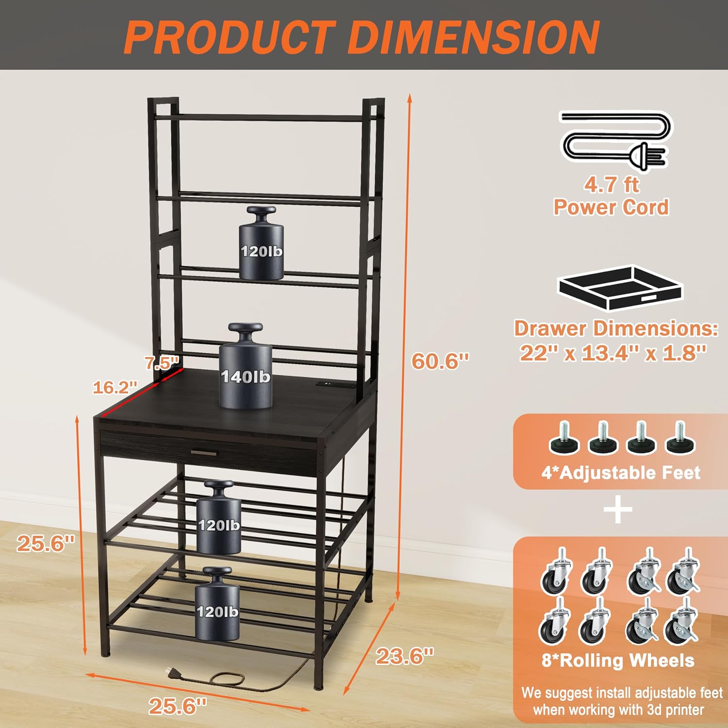 KirKical 3D Printer Stand with Filaments Storage, Large Capacity Heavy Duty Filament Storage Rack with Drawer for PLA/ABS/TPU, 3D Printer Filament Table with Power Outlet for Home Studio Office, Black