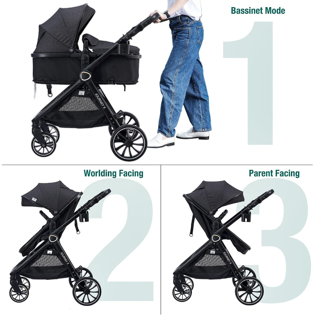 Accombe Baby Stroller, 2 in 1 Newborn Stroller Convertible Bassinet for Infant Toddler Pram with Footmuff (Black)