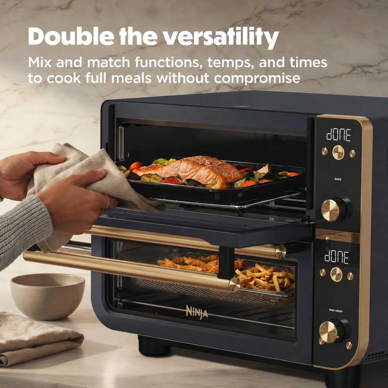 Ninja Double Oven Pro Smart XL Countertop Oven & Air Fryer | 30.2 Qt Capacity | 12-in-1 with Smart Finish & DualZone Tech to Cook 2 Meals at Once | Fits up to 4.5lb Chicken | Cyberspace | DCT801BL
