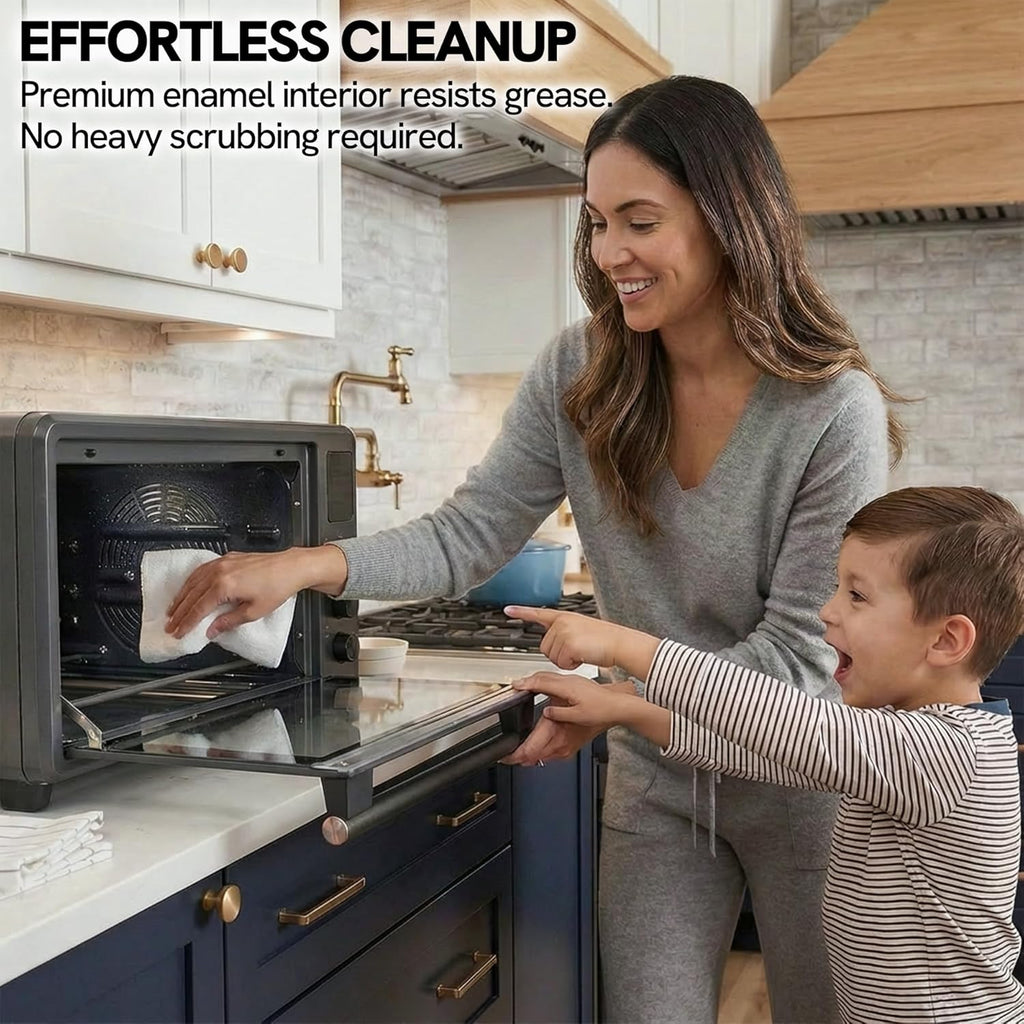 VAL CUCINA Non-Toxic Enamel Interior Air Fryer Toaster Oven Combo, 26.3 QT Countertop Convection Oven 10-in-1, Infrared Heating, Fits 12' Pizza & 6-Slice Toast, Easy Clean Enamel Baking Pan Included