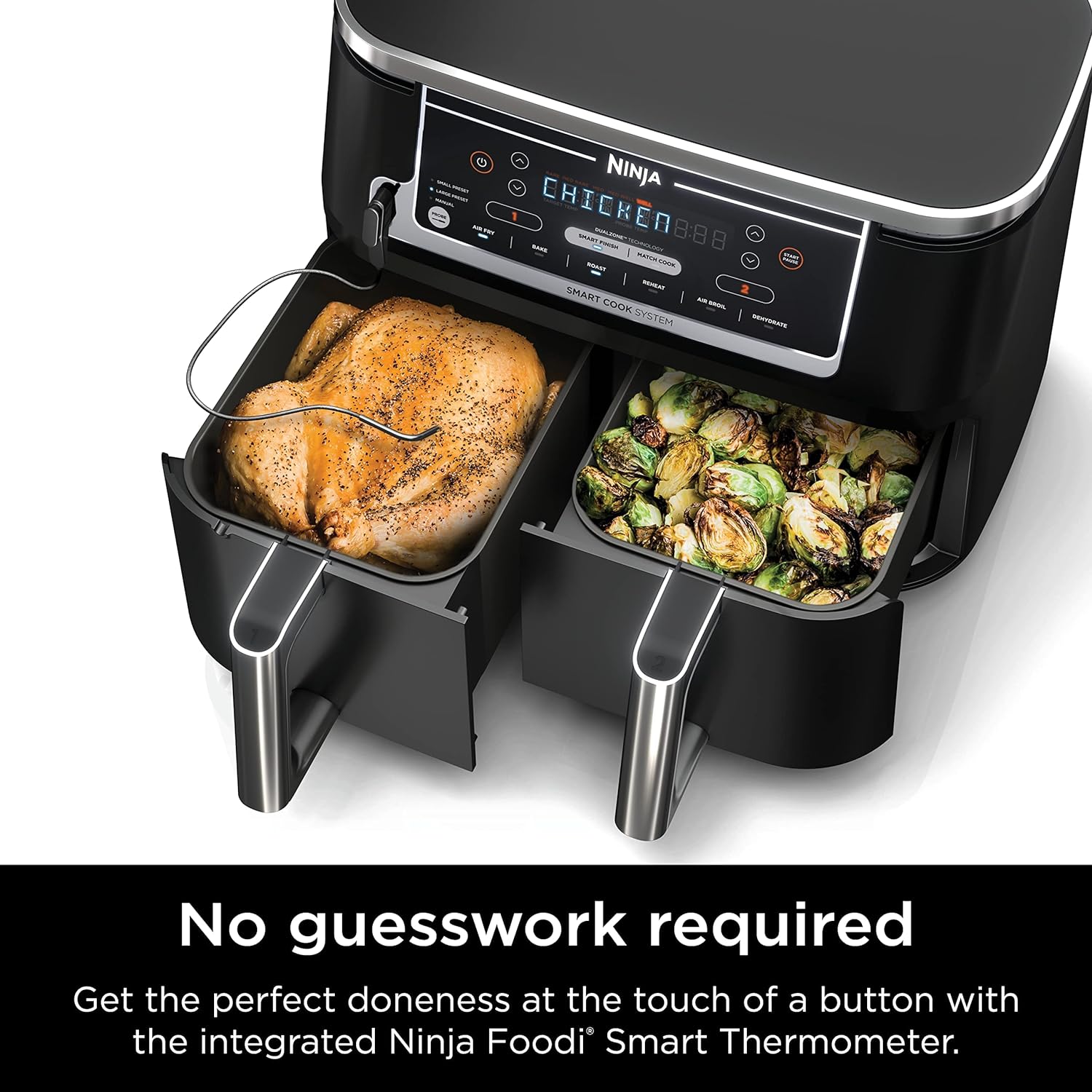 Ninja DZ550 Foodi 10 QT 6-in-1 DualZone Smart XL Air Fryer with 2 Independent Baskets, Smart Cook Thermometer for Perfect Doneness, Match Cook & Smart Finish to Roast, Dehydrate & More, Grey