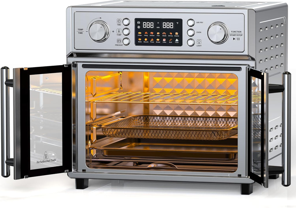 PlumChef 29.5QT Large Capacity French Double-Door Air Fryer Convection Toaster Oven, 1700W, 14 Preset Menus, 7-in-1 Multi-Function (Bake, Roast, Gril,Toast,Dehydrate&Defrost), Stainless Steel,silvery