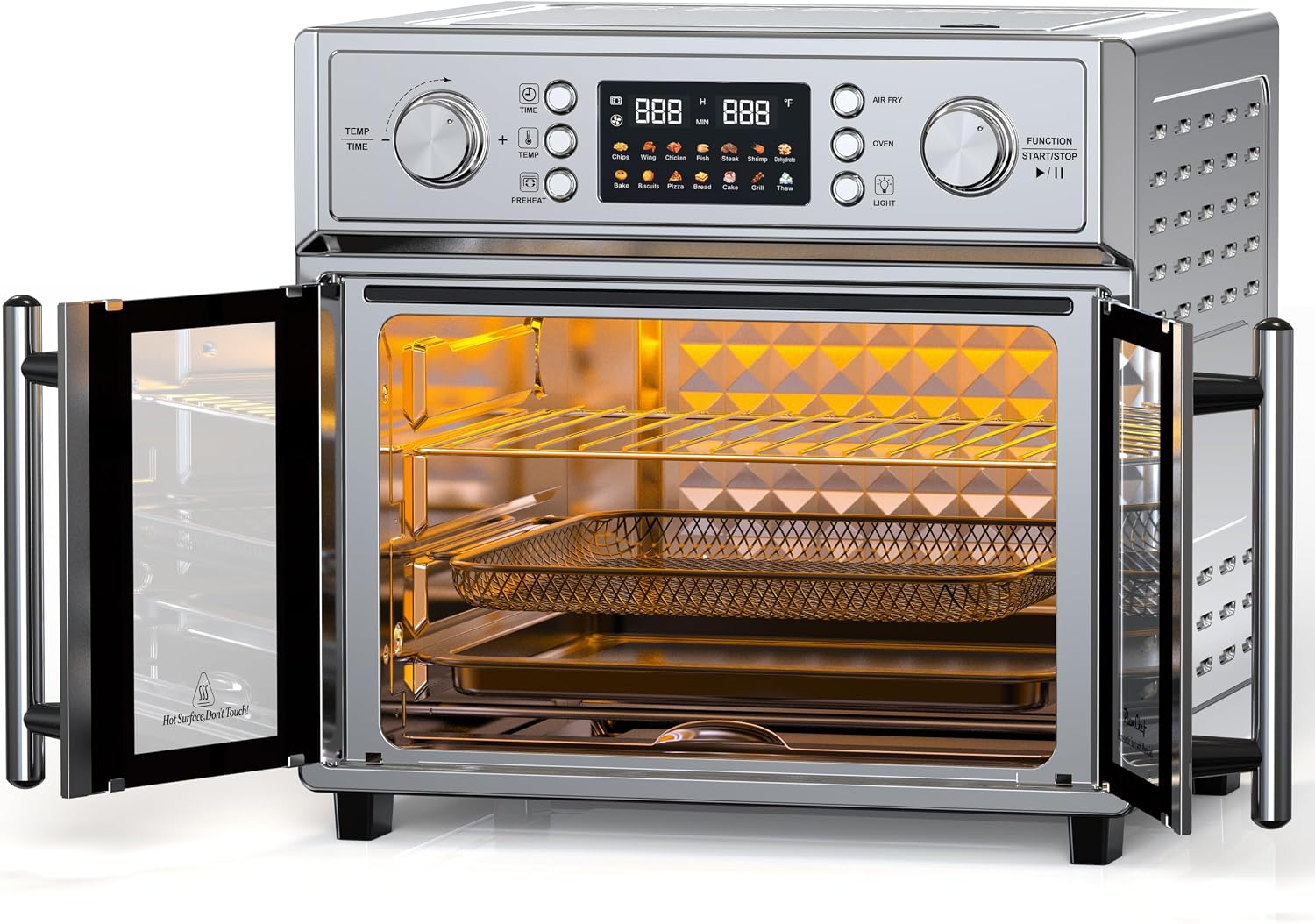 PlumChef 29.5QT Large Capacity French Double-Door Air Fryer Convection Toaster Oven, 1700W, 14 Preset Menus, 7-in-1 Multi-Function (Bake, Roast, Gril,Toast,Dehydrate&Defrost), Stainless Steel,silvery