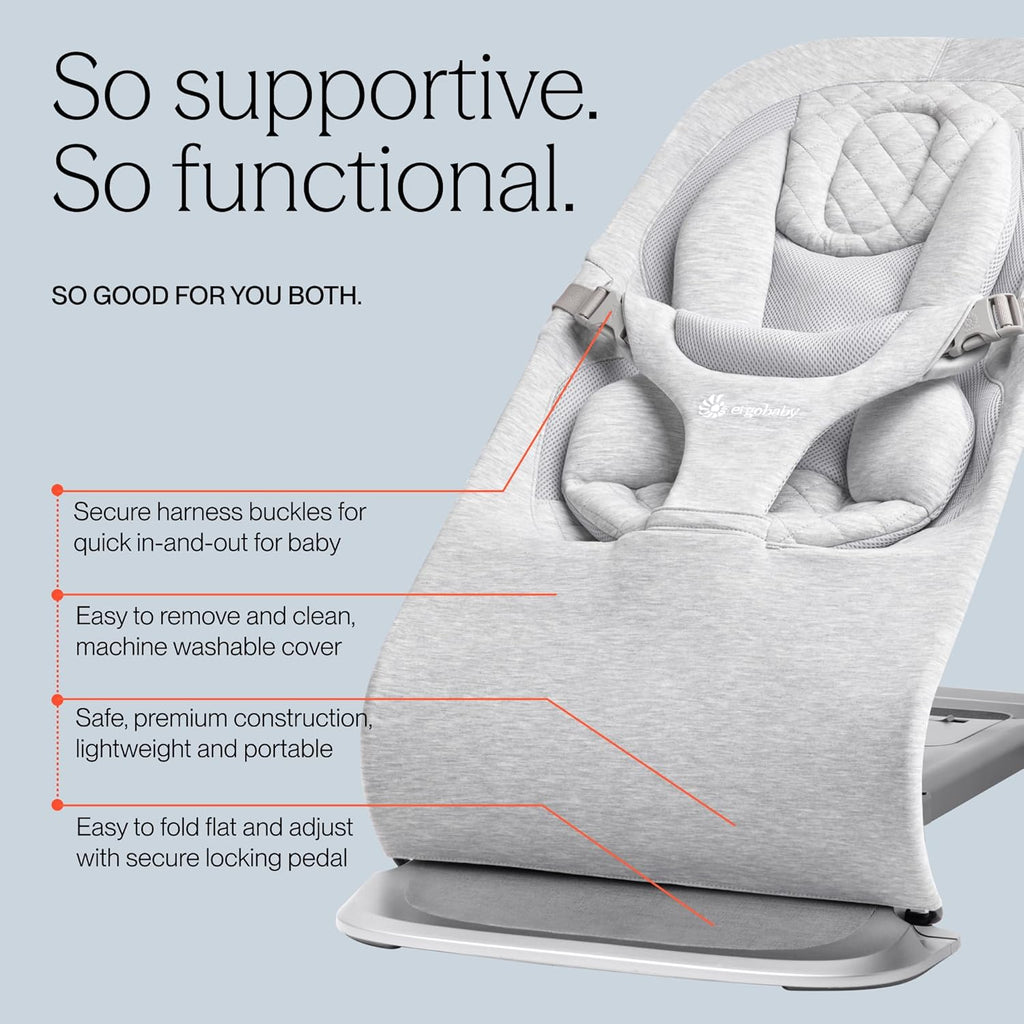 Ergobaby Evolve 3-in-1 Bouncer Seat for Babies and Toddlers 5.5-25lbs - Multi Position Baby Rocker Seat with Adjustable Heights, Secure Harness, Newborn Insert - Oxford Blue