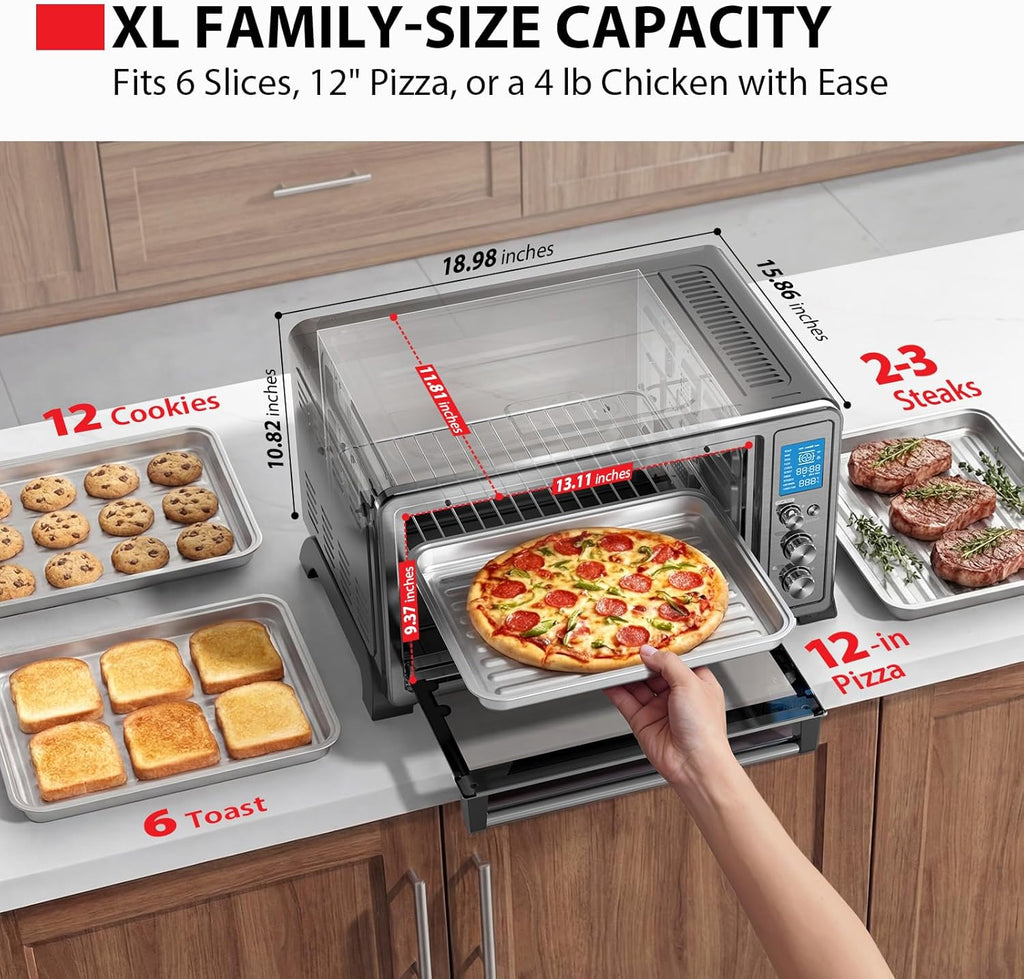 TOSHIBA 10-in-1 Convection Toaster Oven, 6-Slice Countertop Oven, 1500W with Toast, Bake, Broil, Rotisserie & Pizza Functions, LCD Knob Controls, 6 Accessories, Black Stainless Steel